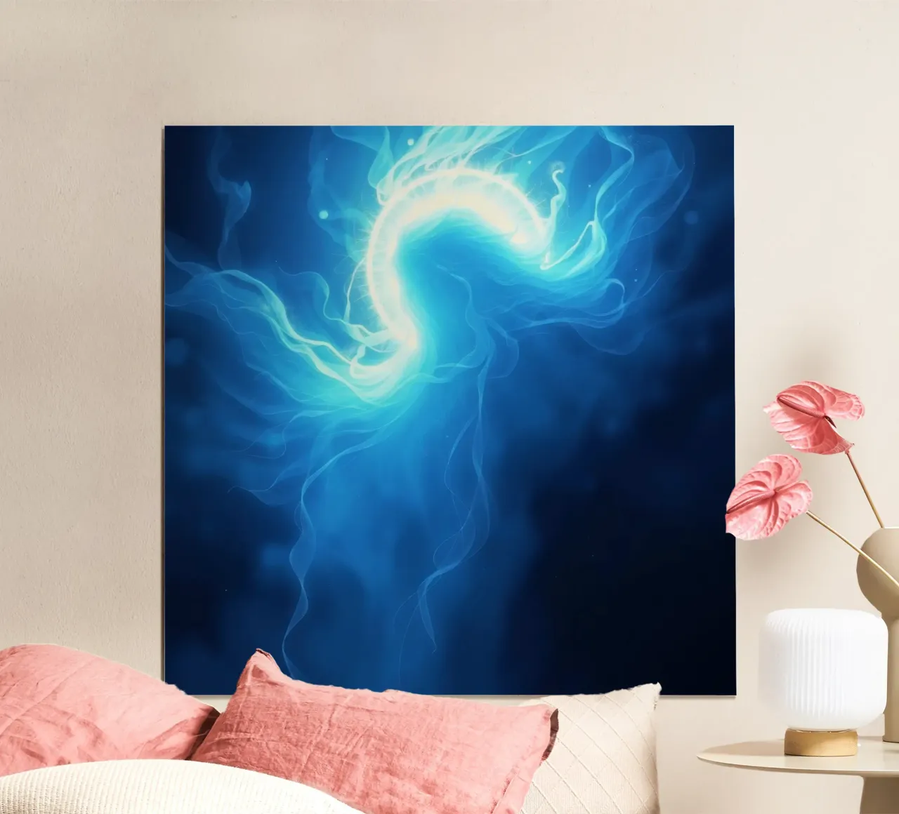 Luce blu vorticosa che crea un effetto etereo poster con telaio in legno da DesignDoodle