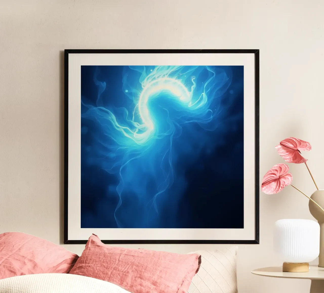 Luce blu vorticosa che crea un effetto etereo poster con telaio in legno da DesignDoodle