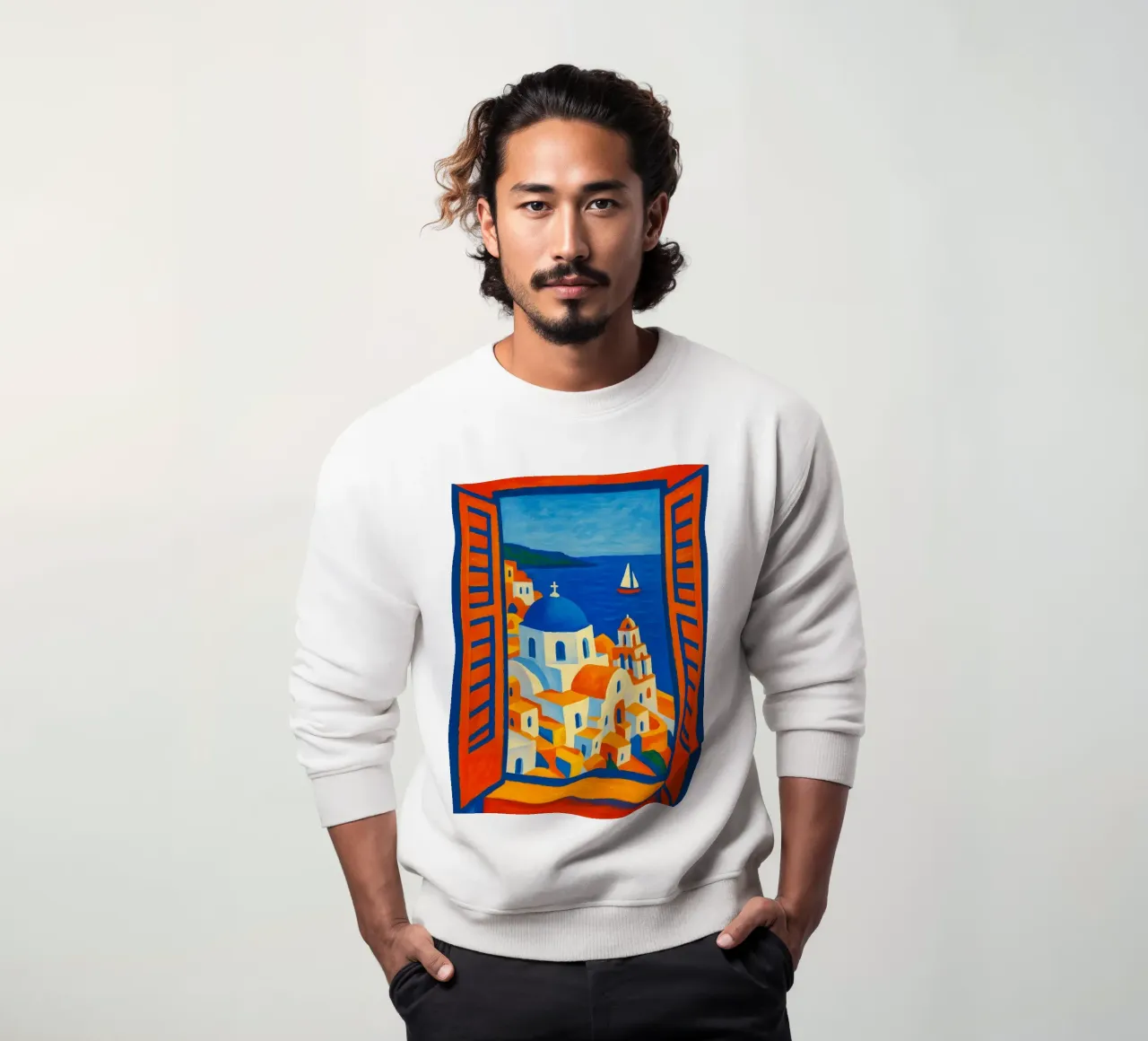 SANTORINI GRECE VUE DE LA FENETRE OUVERTE - STYLE MATISSE sweat de ARTOMATIC