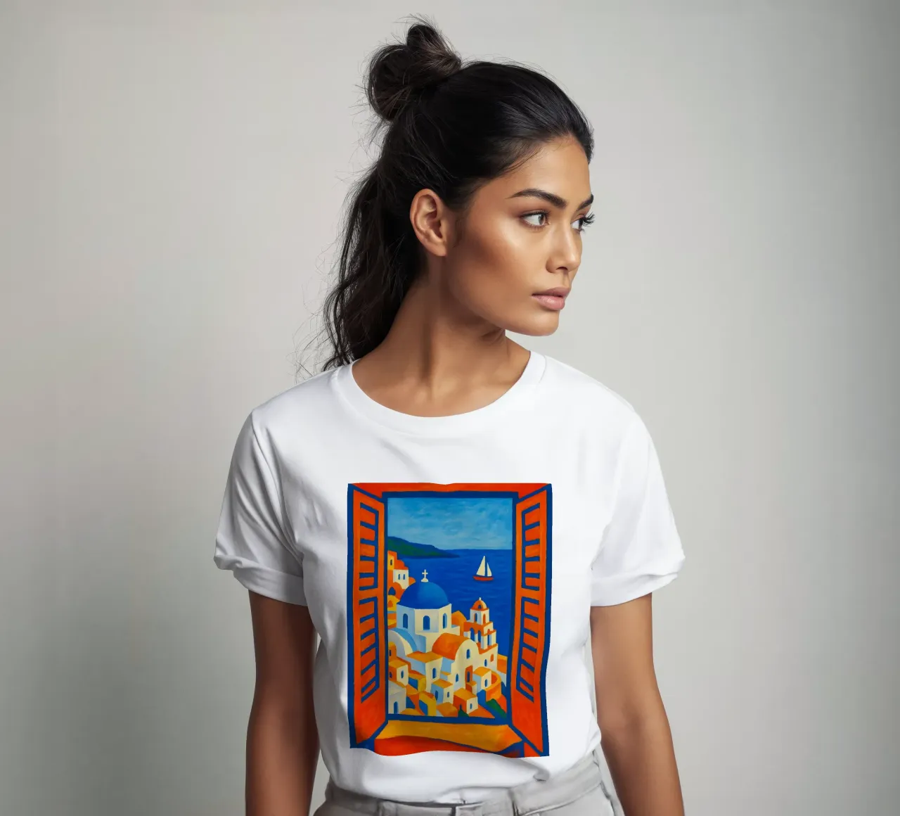 SANTORINI GREECE OPEN WINDOW VIEW - MATISSE STYLE t-shirt by ARTOMATIC