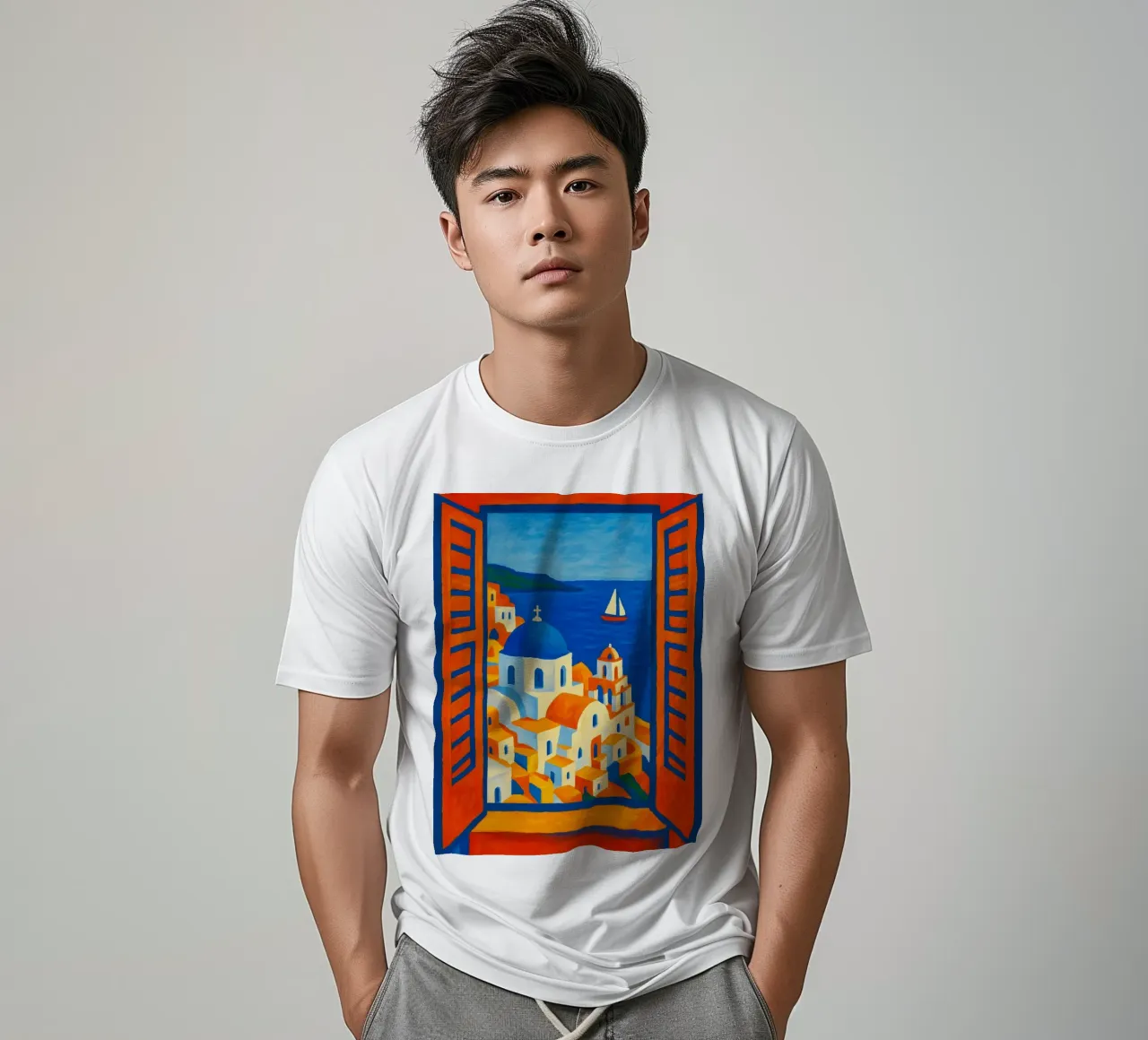SANTORINI GREECE OPEN WINDOW VIEW - MATISSE STYLE t-shirt by ARTOMATIC
