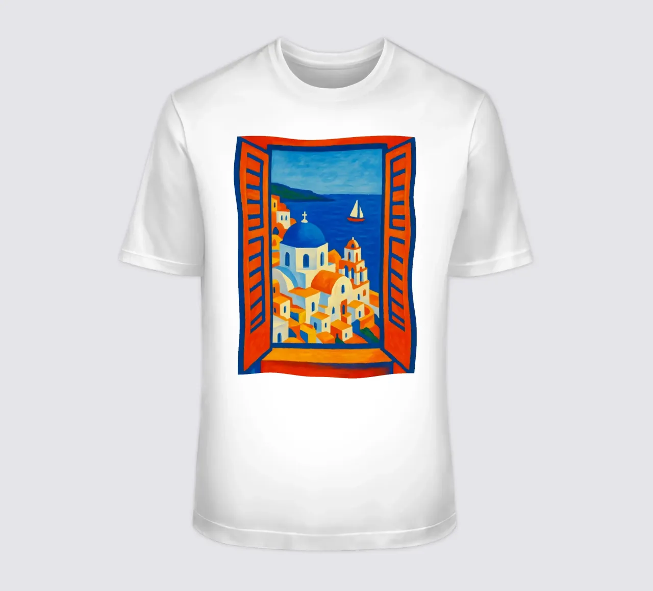 SANTORINI GREECE OPEN WINDOW VIEW - MATISSE STYLE t-shirt by ARTOMATIC