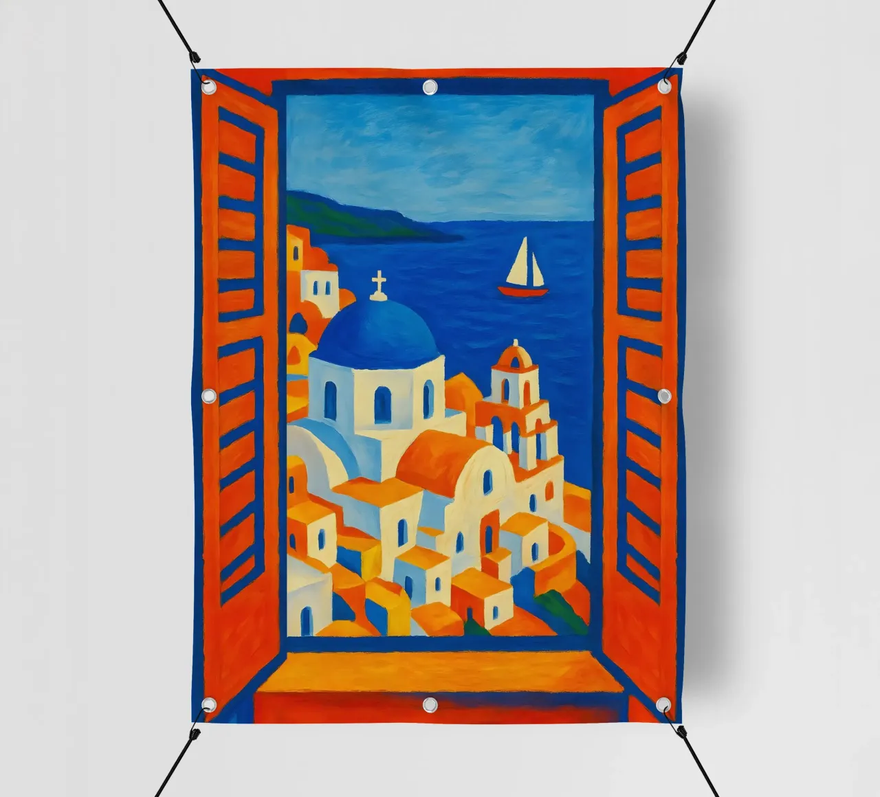 SANTORINI GRECE VUE DE LA FENETRE OUVERTE - STYLE MATISSE bâche pvc de ARTOMATIC