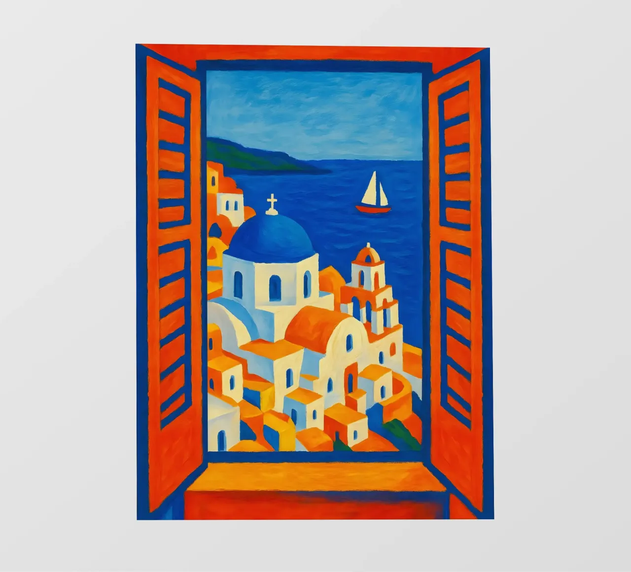 SANTORINI GRECE VUE DE LA FENETRE OUVERTE - STYLE MATISSE bâche pvc de ARTOMATIC