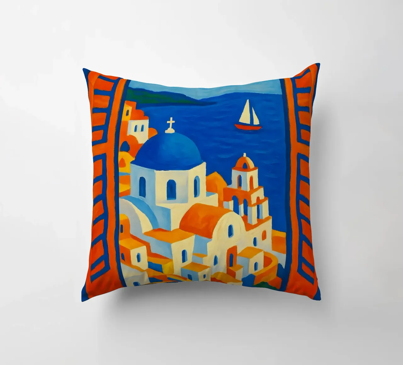 SANTORINI GREECE OPEN WINDOW VIEW - MATISSE STYLE decorative cushion by ARTOMATIC