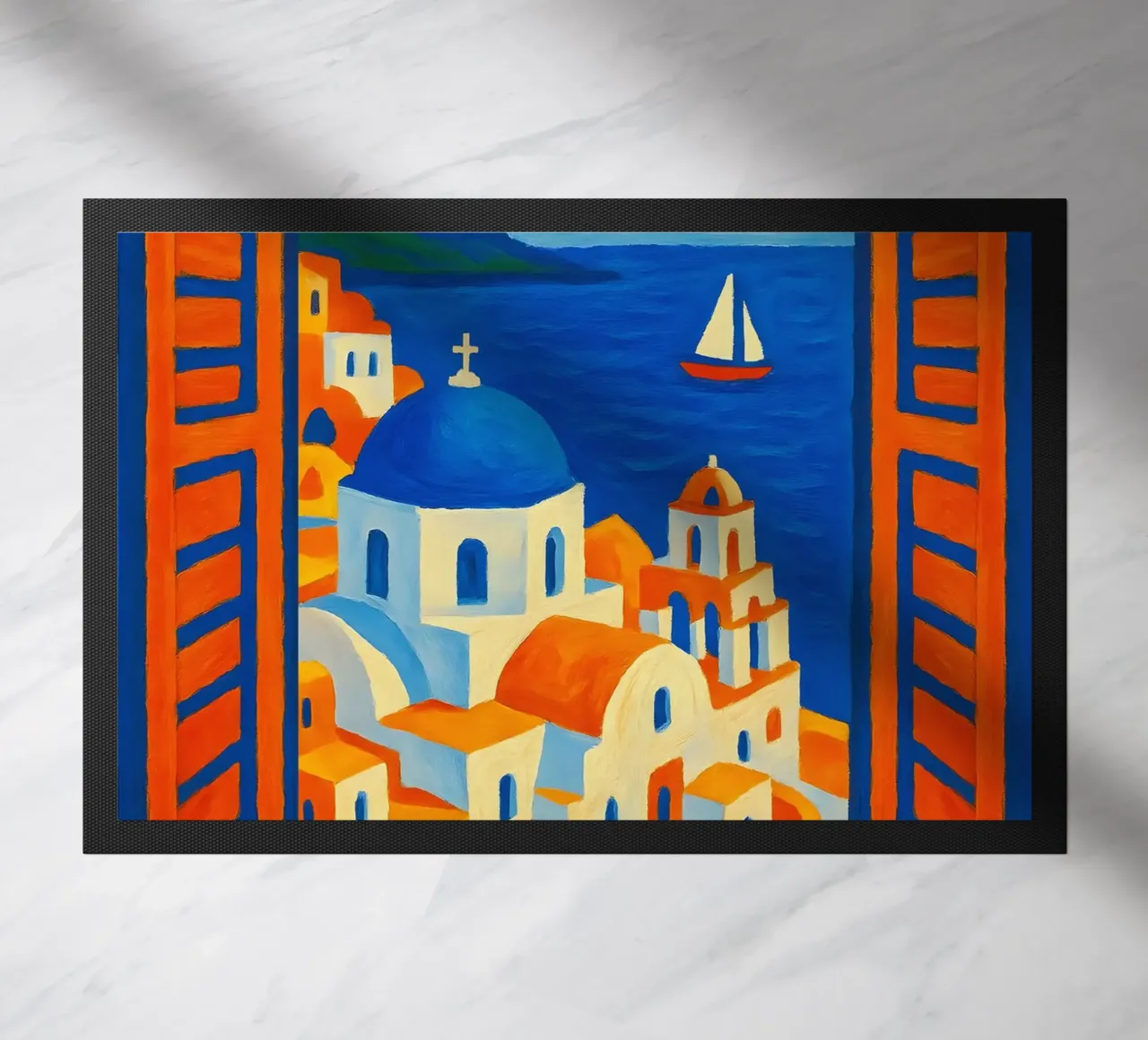 SANTORINI GRECE VUE DE LA FENETRE OUVERTE - STYLE MATISSE paillasson de ARTOMATIC