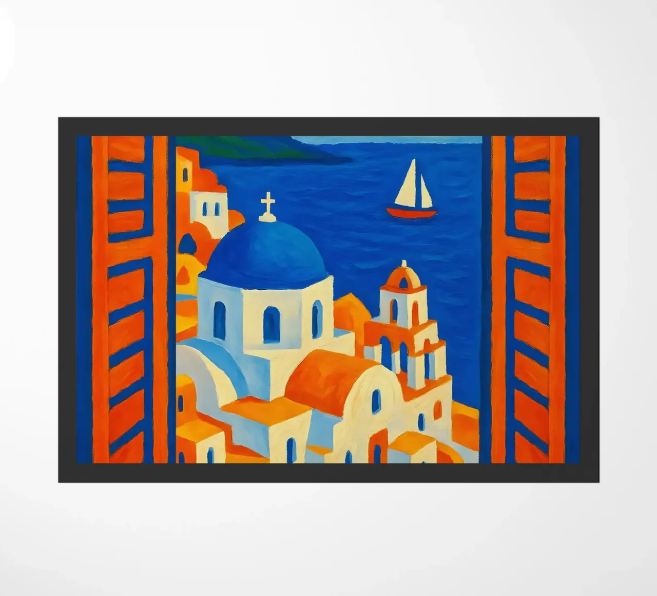 SANTORINI GRECE VUE DE LA FENETRE OUVERTE - STYLE MATISSE paillasson de ARTOMATIC