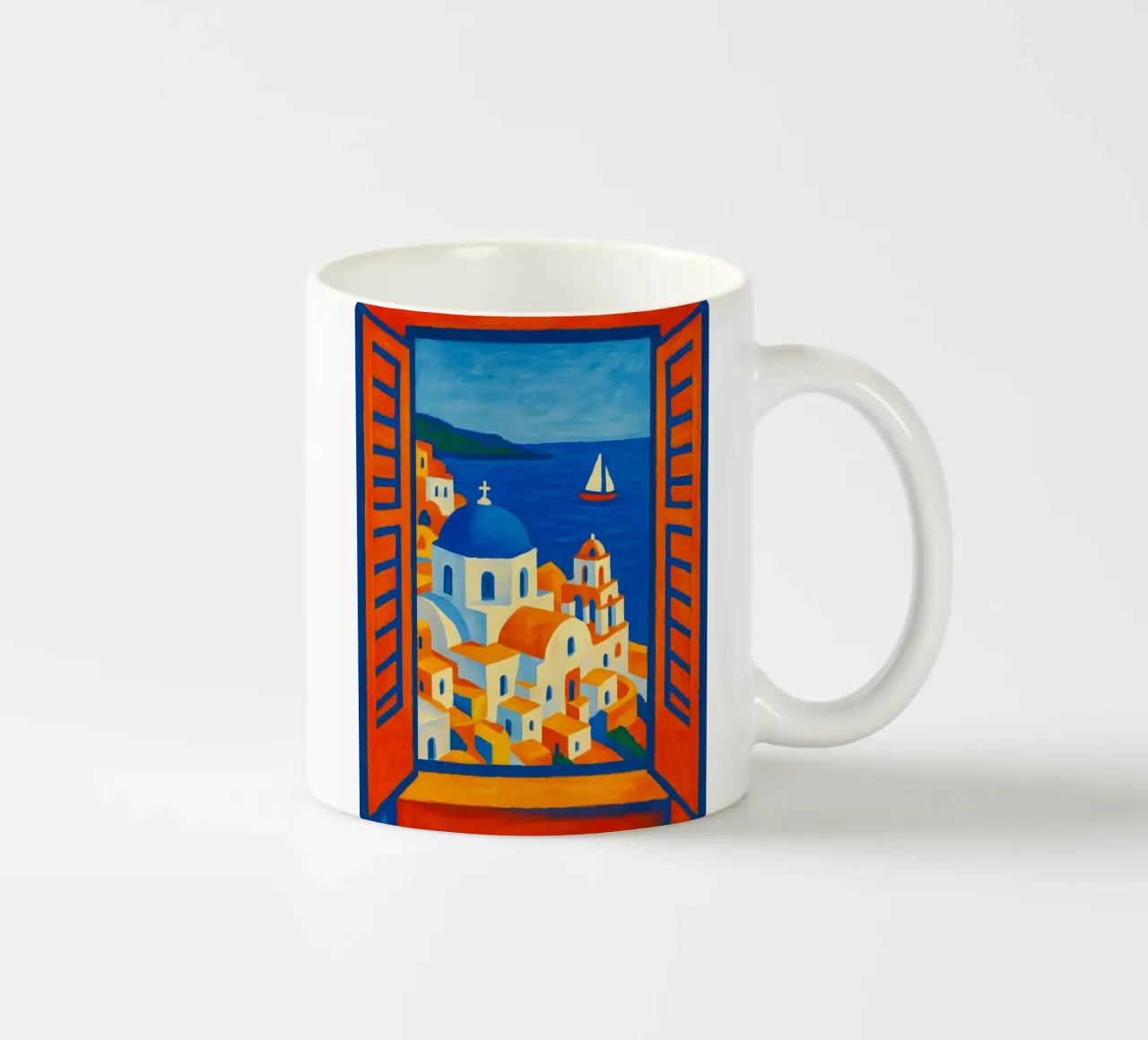 SANTORINI GRECE VUE DE LA FENETRE OUVERTE - STYLE MATISSE mug en céramique de ARTOMATIC