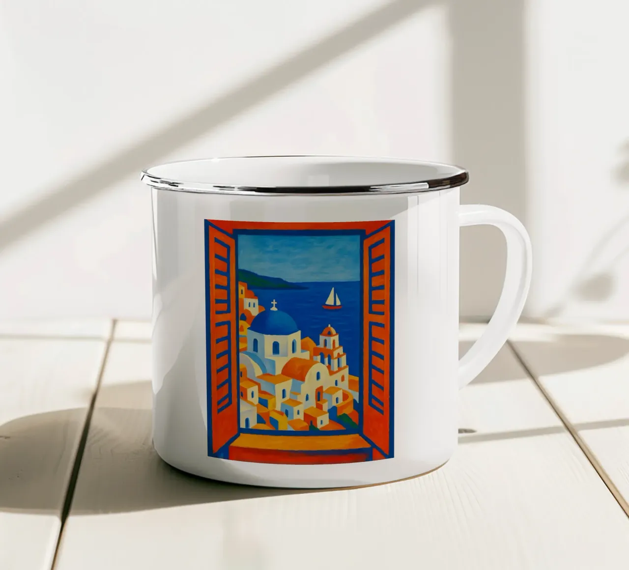 SANTORINI GRECE VUE DE LA FENETRE OUVERTE - STYLE MATISSE mug en émail de ARTOMATIC