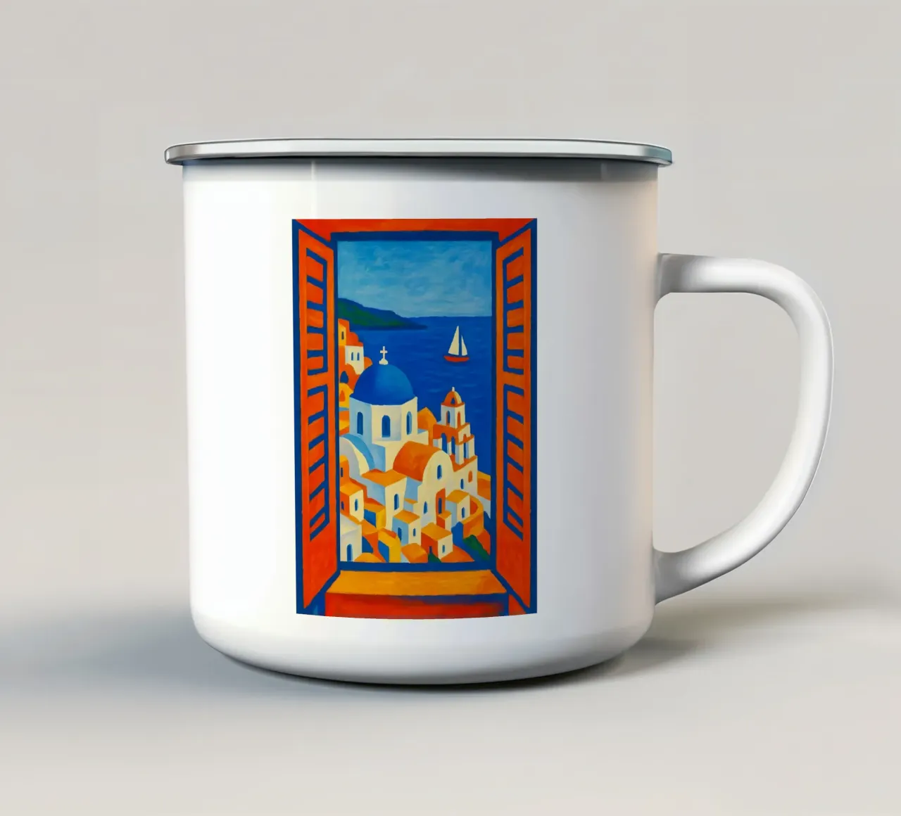 SANTORINI GRECE VUE DE LA FENETRE OUVERTE - STYLE MATISSE mug en émail de ARTOMATIC