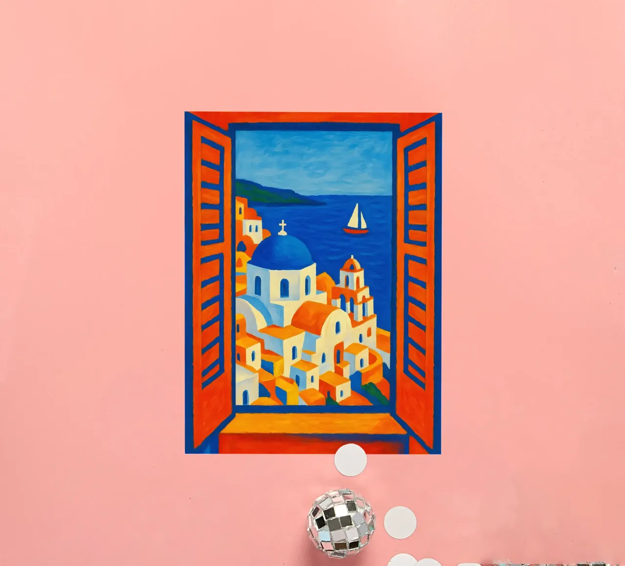 SANTORINI GRECE VUE DE LA FENETRE OUVERTE - STYLE MATISSE autocollant de ARTOMATIC