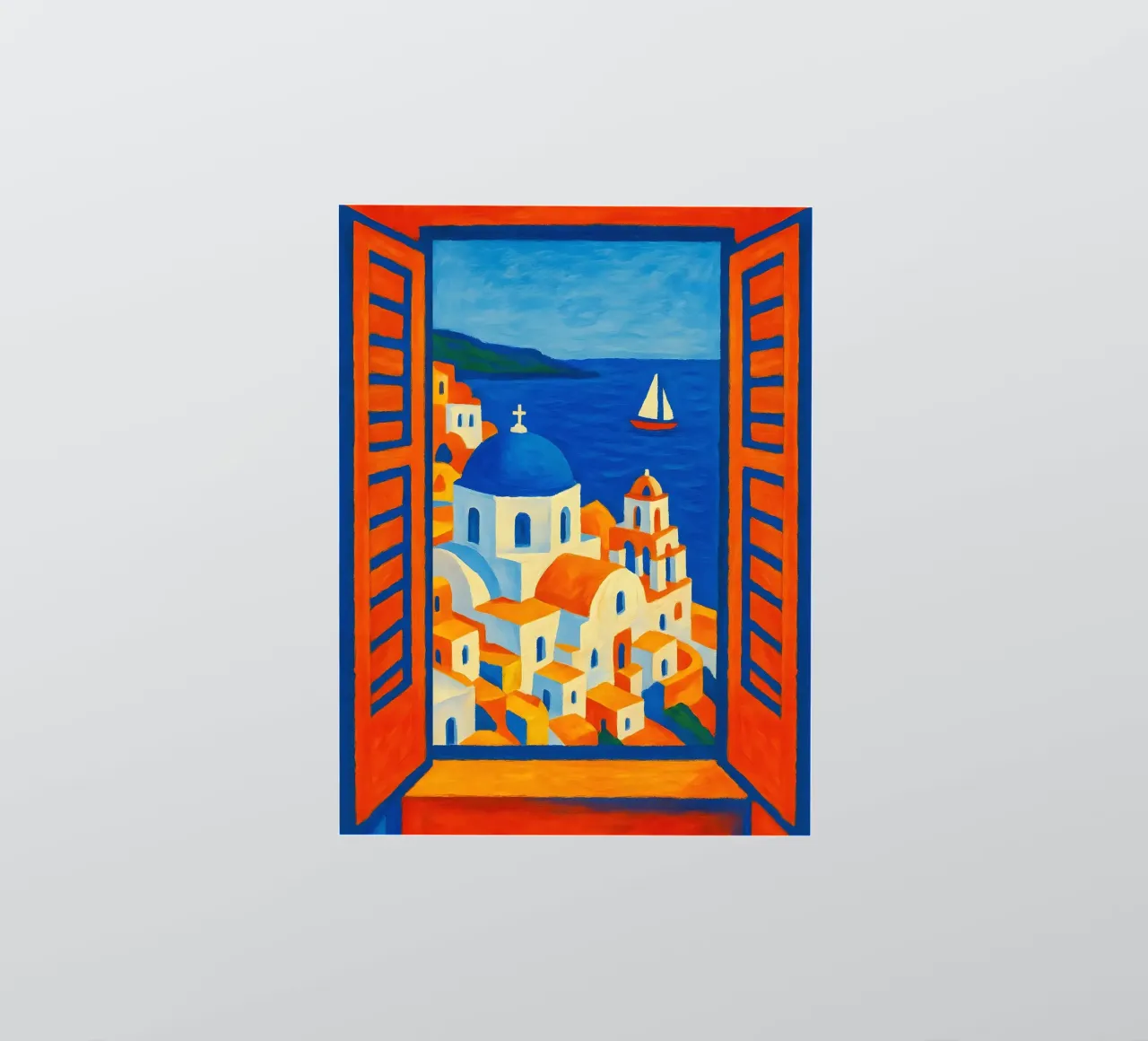 SANTORINI GRECE VUE DE LA FENETRE OUVERTE - STYLE MATISSE autocollant de ARTOMATIC
