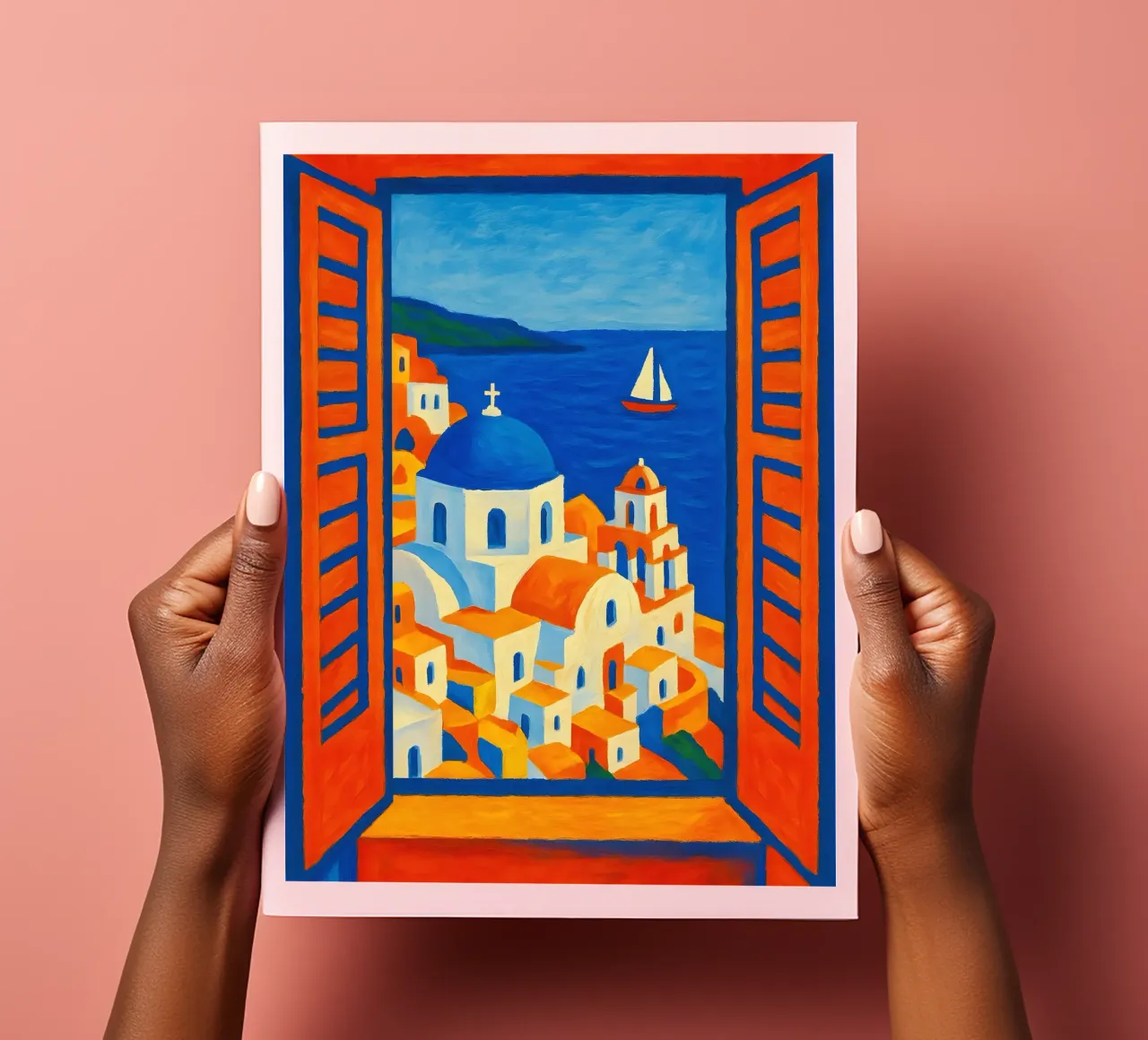 SANTORINI GRECE VUE DE LA FENETRE OUVERTE - STYLE MATISSE planche autocollant de ARTOMATIC
