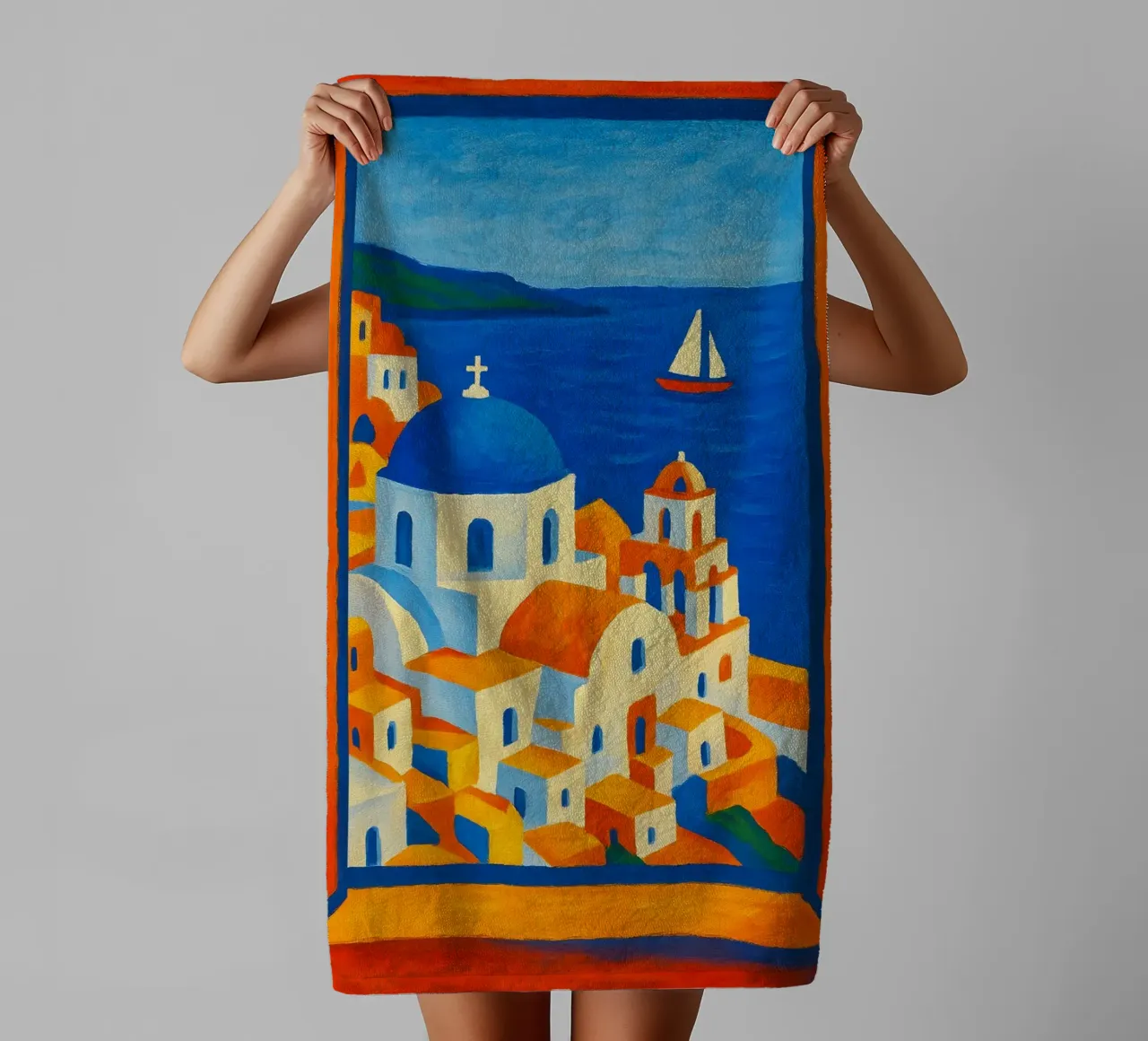 SANTORINI GREECE OPEN WINDOW VIEW - MATISSE STYLE towel by ARTOMATIC