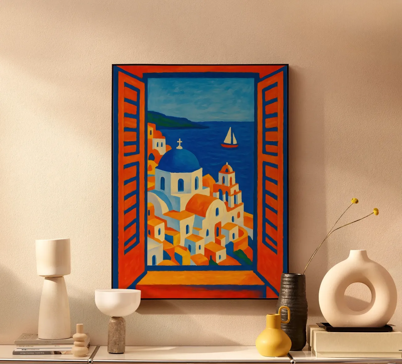 SANTORINI GRECE VUE DE LA FENETRE OUVERTE - STYLE MATISSE plexiglas de ARTOMATIC