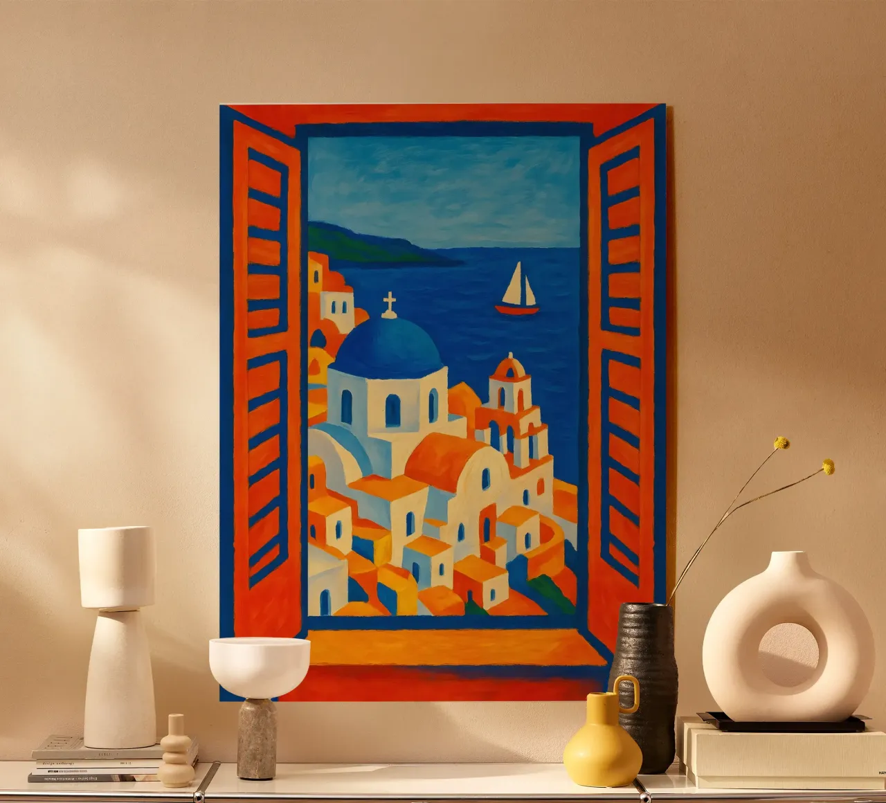 SANTORINI GRECE VUE DE LA FENETRE OUVERTE - STYLE MATISSE plexiglas de ARTOMATIC
