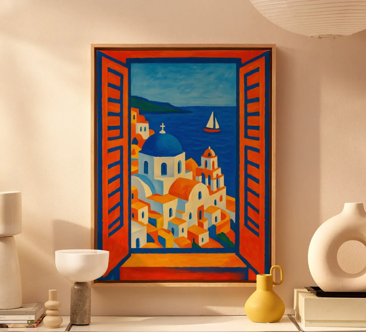 SANTORINI GRIEKENLAND OPEN RAAM - MATISSE STIJL canvas met Baklijst van ARTOMATIC