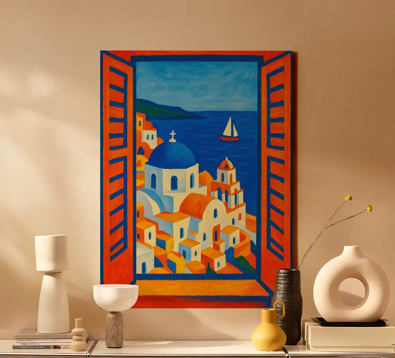SANTORINI GRIEKENLAND OPEN RAAM - MATISSE STIJL canvas met Baklijst van ARTOMATIC