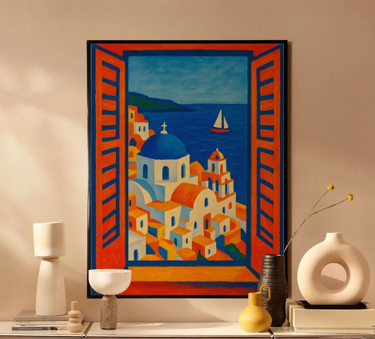 SANTORINI GRECE VUE DE LA FENETRE OUVERTE - STYLE MATISSE poster avec cadre en bois de ARTOMATIC