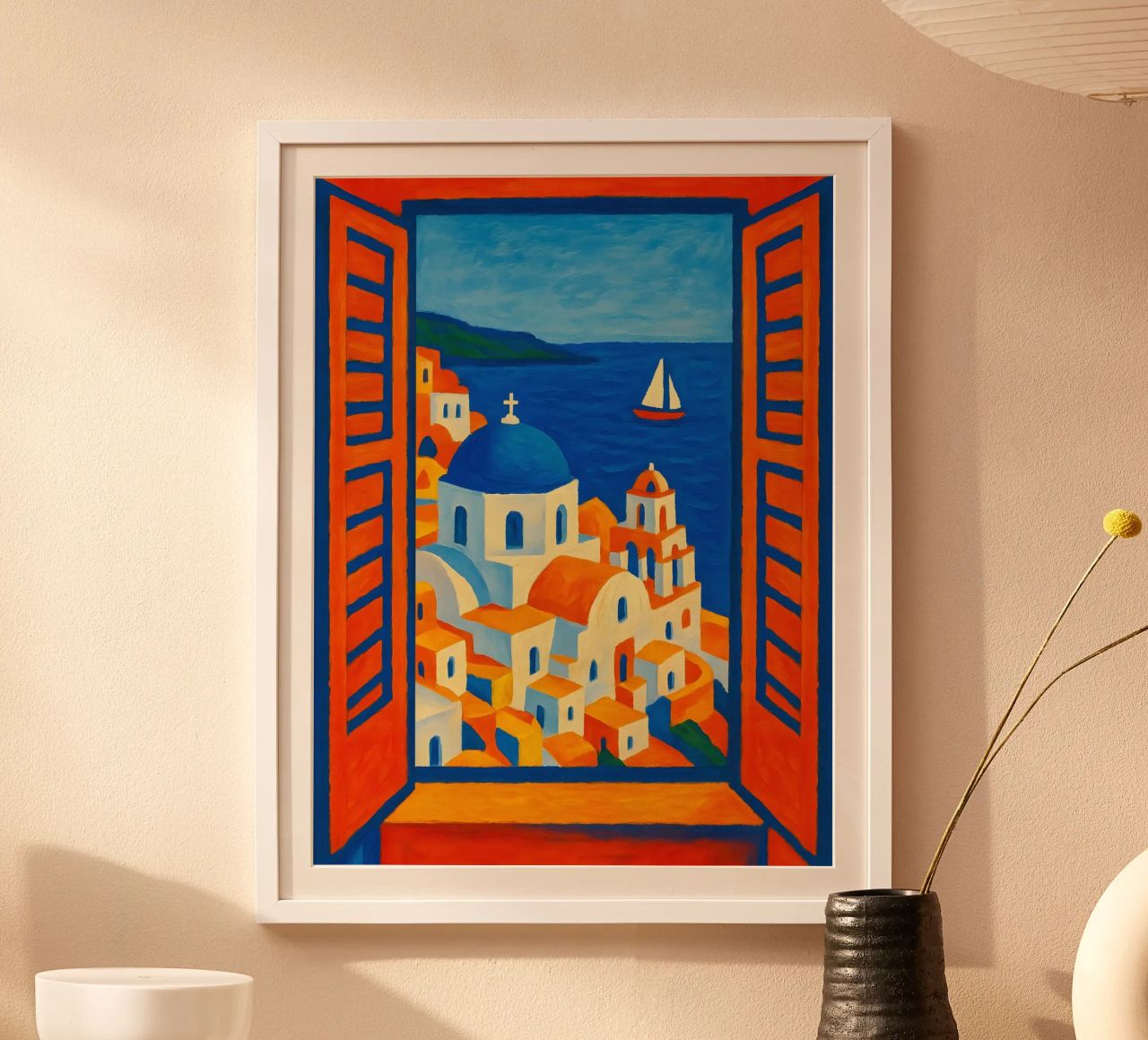 SANTORINI GRIECHENLAND BLICK AUS DEM FENSTER - MATISSE-STIL Poster von ARTOMATIC