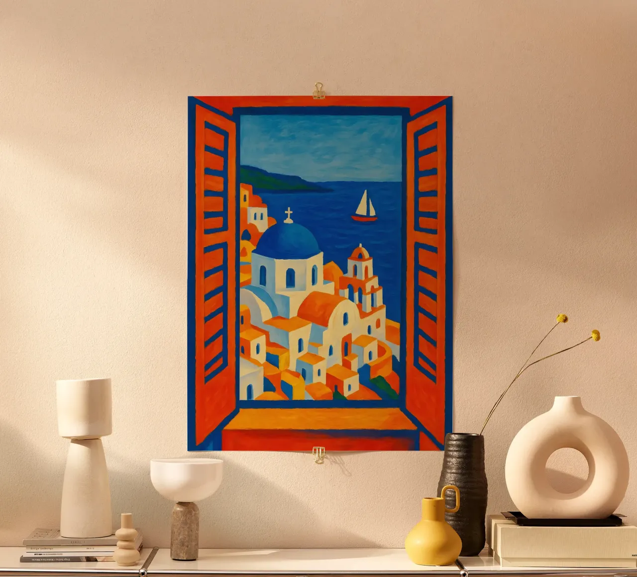 SANTORINI GRECE VUE DE LA FENETRE OUVERTE - STYLE MATISSE poster avec cadre en bois de ARTOMATIC