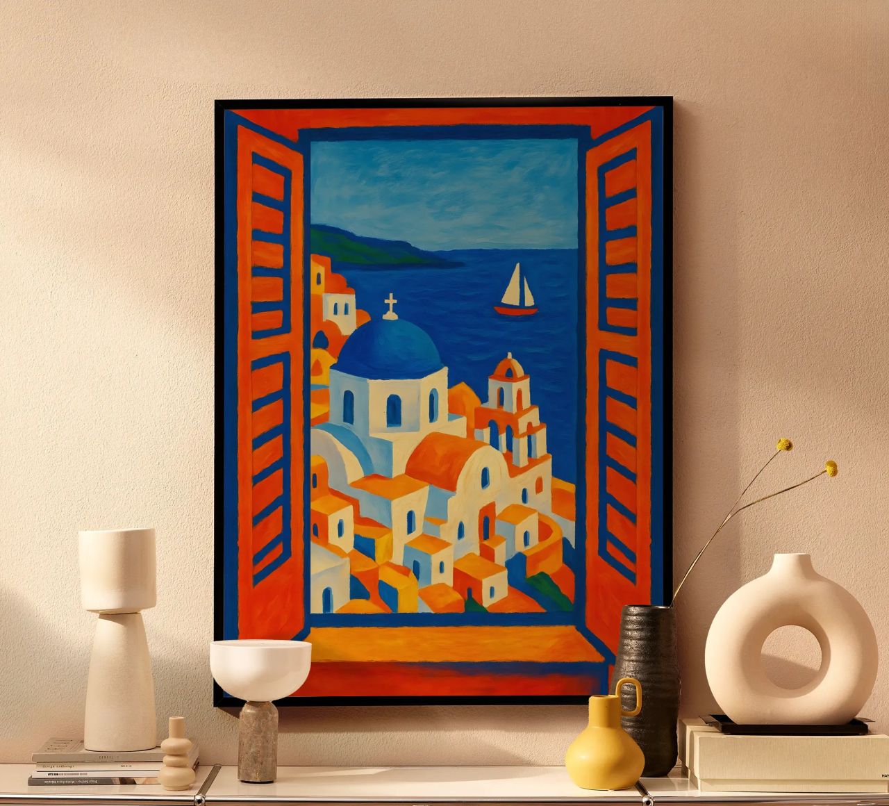SANTORINI GRIECHENLAND BLICK AUS DEM FENSTER - MATISSE-STIL Poster von ARTOMATIC