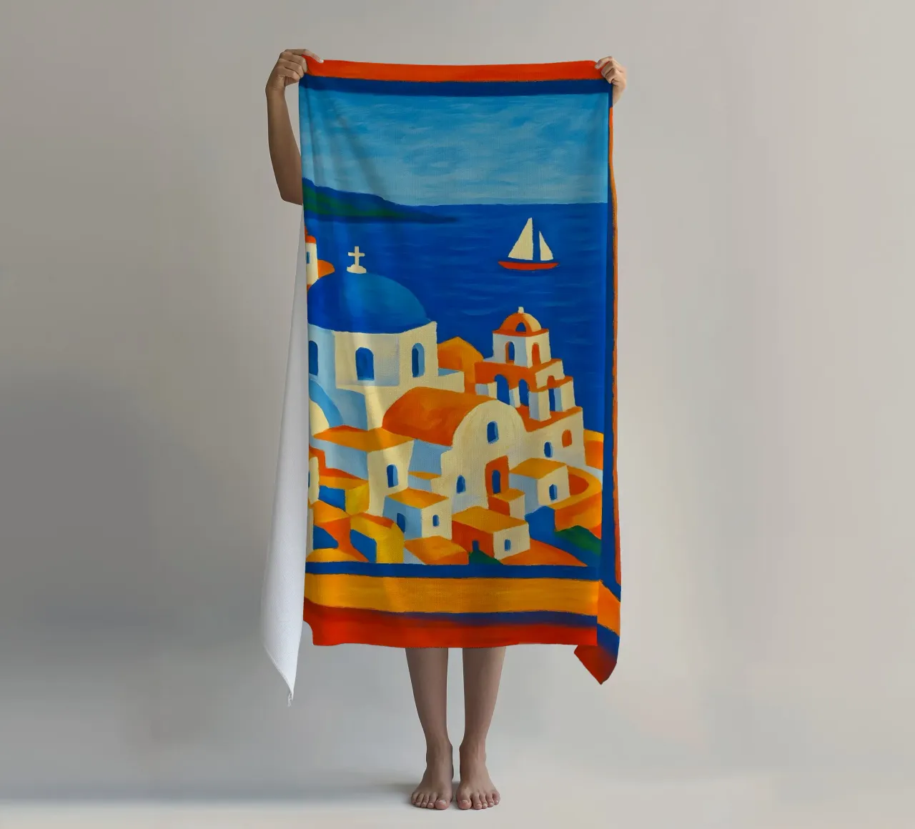 SANTORINI GREECE OPEN WINDOW VIEW - MATISSE STYLE beach towel by ARTOMATIC