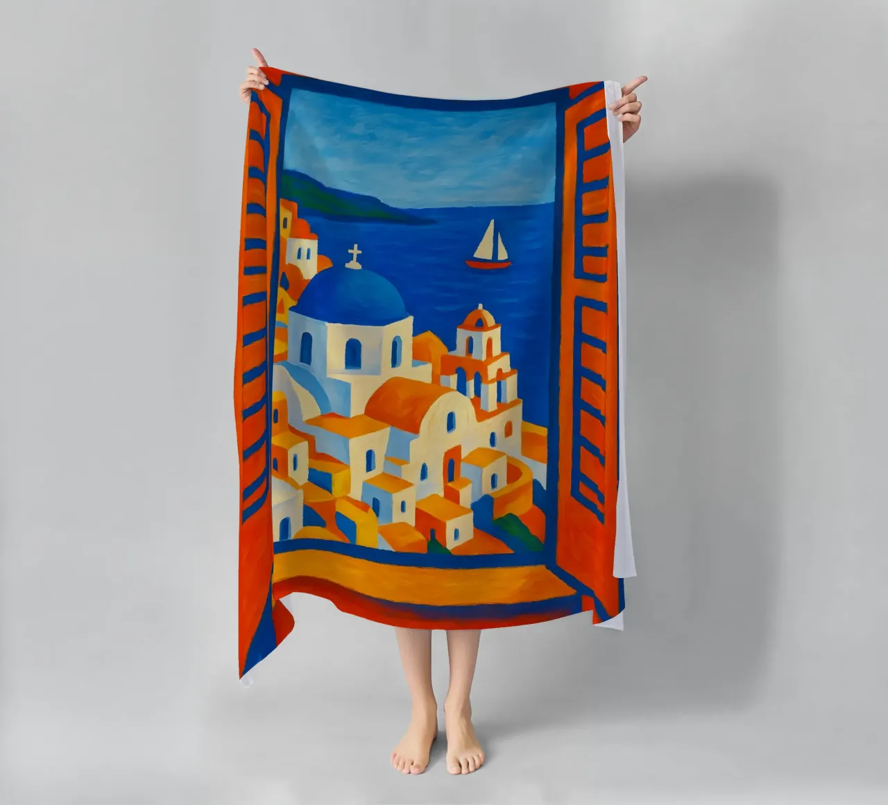 SANTORINI GREECE OPEN WINDOW VIEW - MATISSE STYLE beach towel by ARTOMATIC