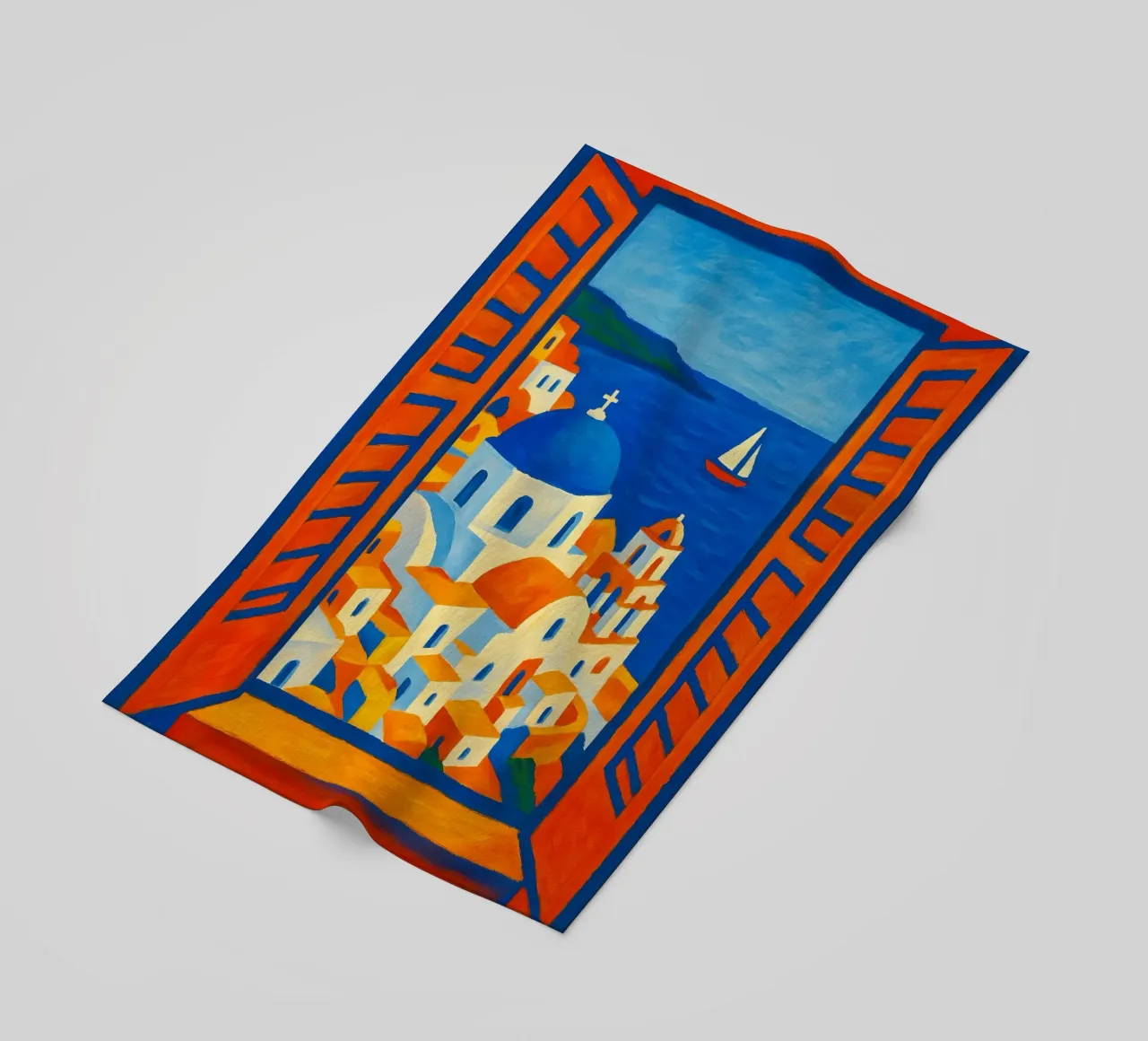 SANTORINI GREECE OPEN WINDOW VIEW - MATISSE STYLE beach towel by ARTOMATIC