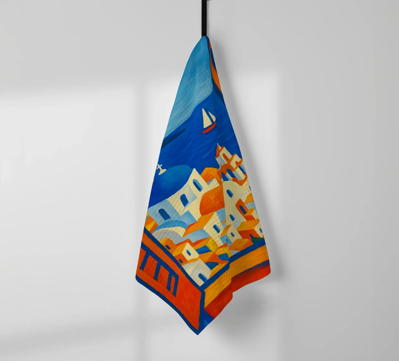 SANTORINI GRECE VUE DE LA FENETRE OUVERTE - STYLE MATISSE torchon de ARTOMATIC