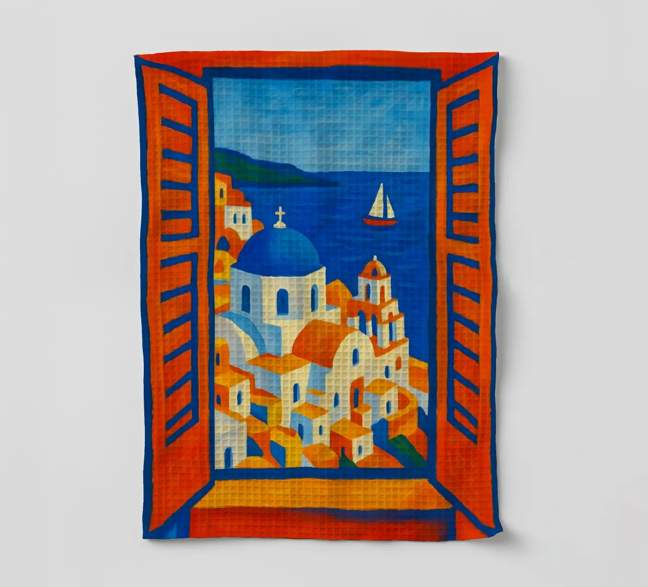 SANTORINI GRECE VUE DE LA FENETRE OUVERTE - STYLE MATISSE torchon de ARTOMATIC