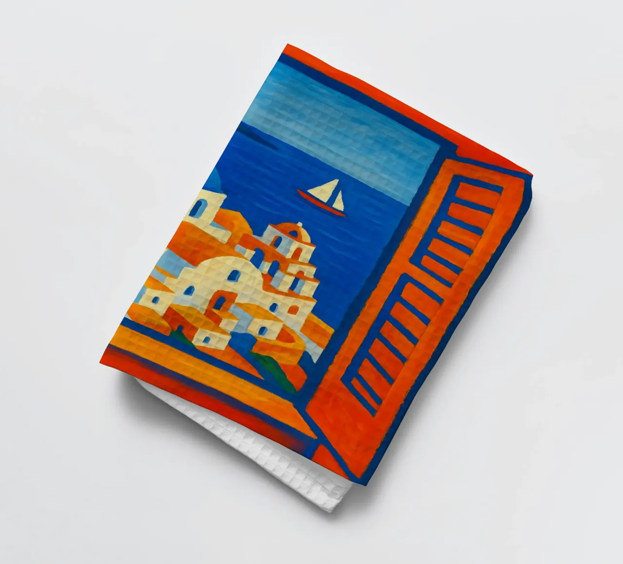 SANTORINI GRECE VUE DE LA FENETRE OUVERTE - STYLE MATISSE torchon de ARTOMATIC