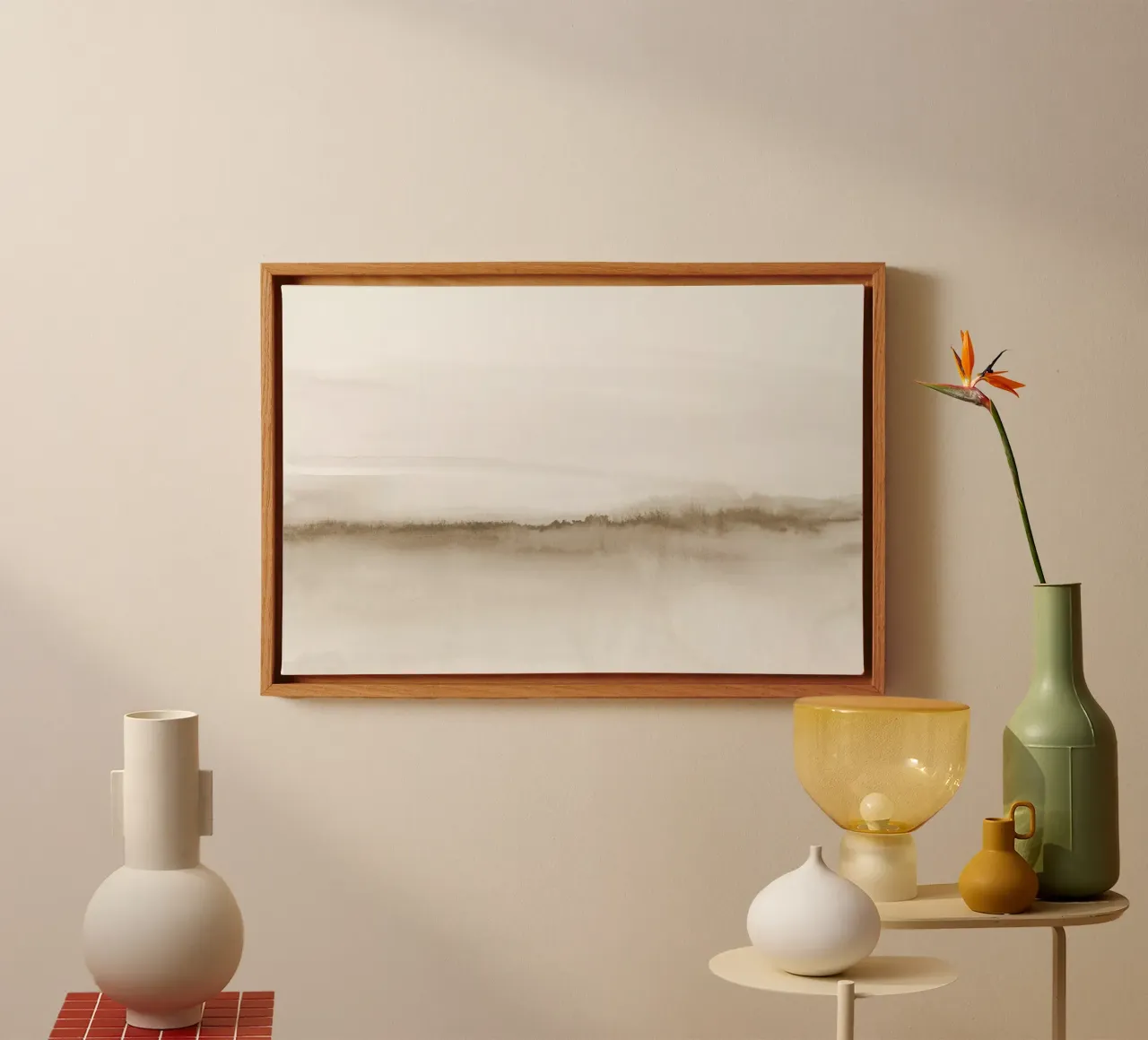 Aquarel landschap - Neutraal beige canvas met Baklijst van NouveauPrints