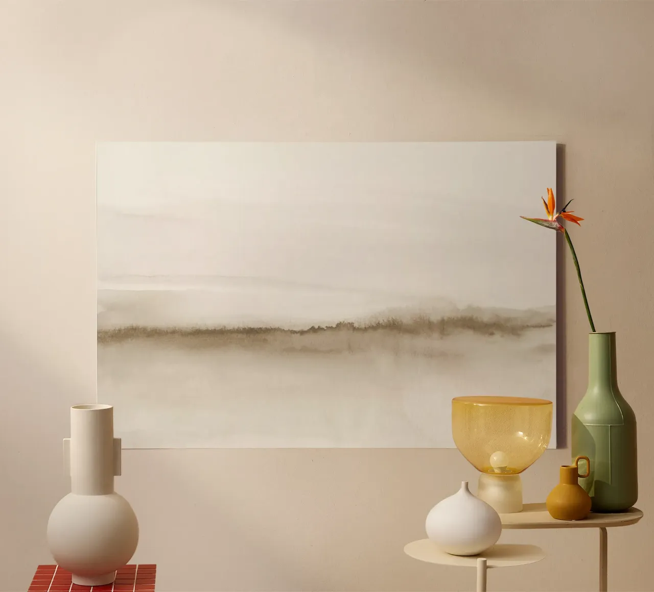 Aquarel landschap - Neutraal beige canvas met Baklijst van NouveauPrints