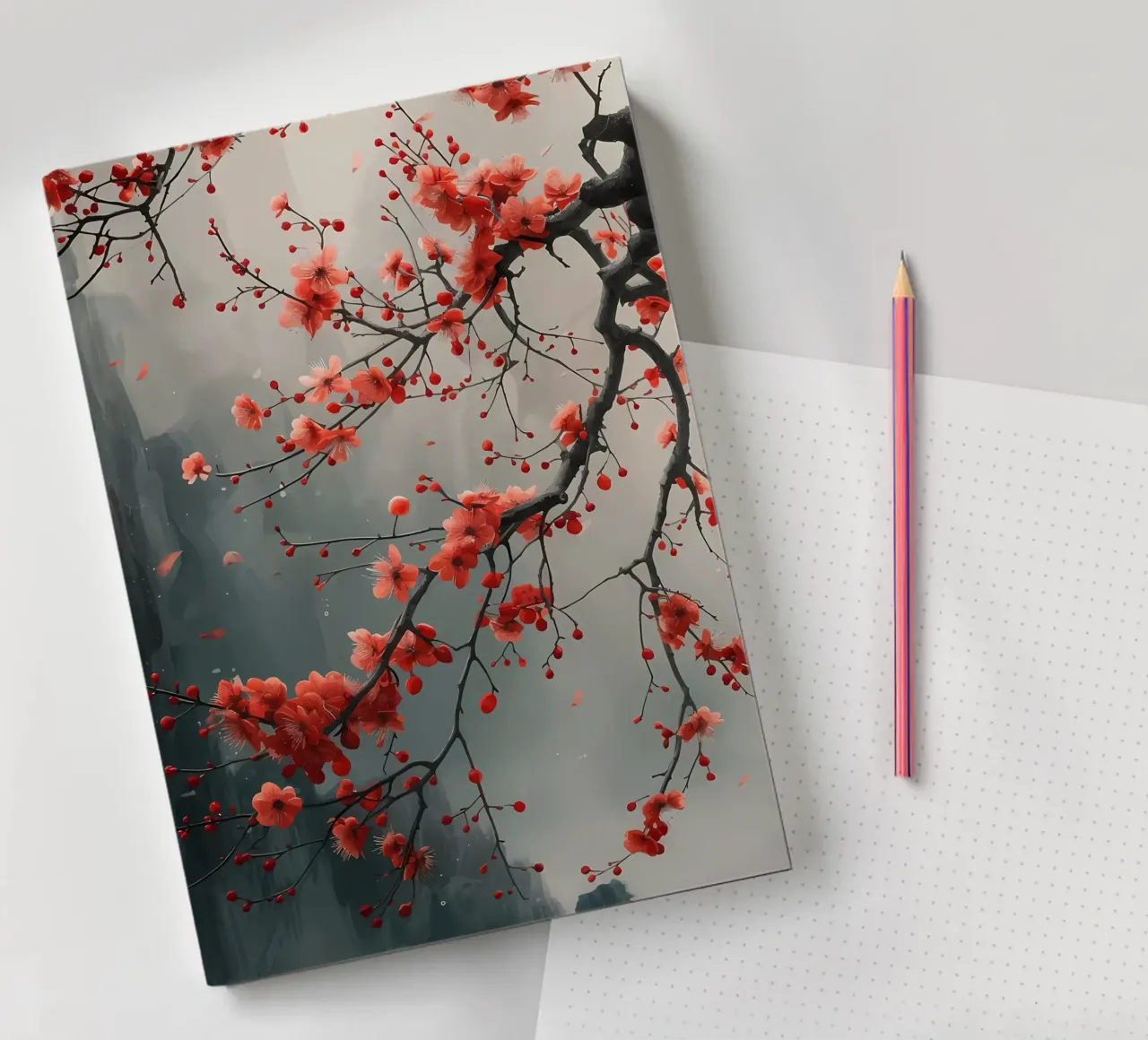 cherry blossoms tree branch mist notebook by Janine P McGuire