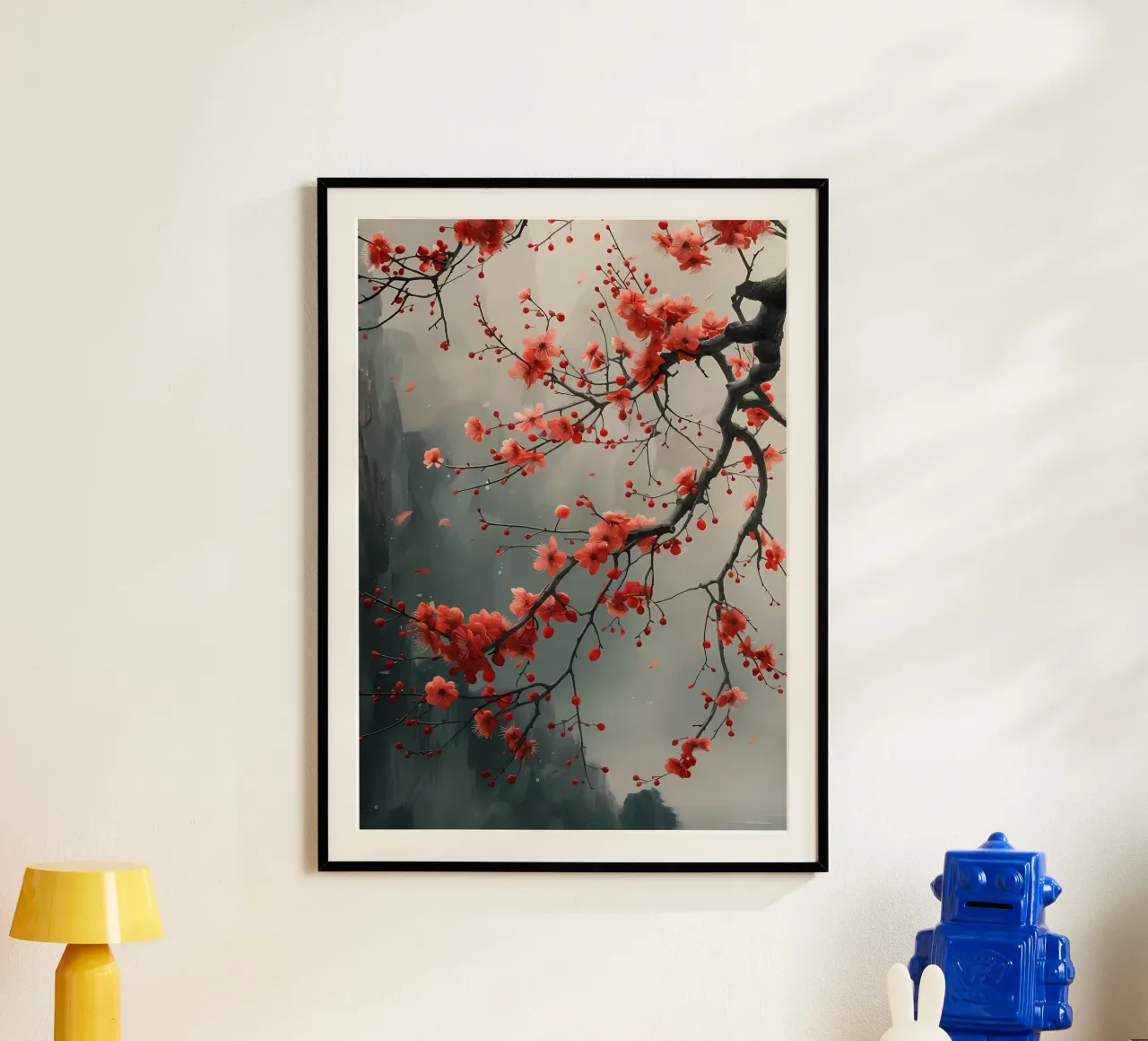 fiori di ciliegio albero ramo nebbia poster con telaio in alluminio da Janine P McGuire