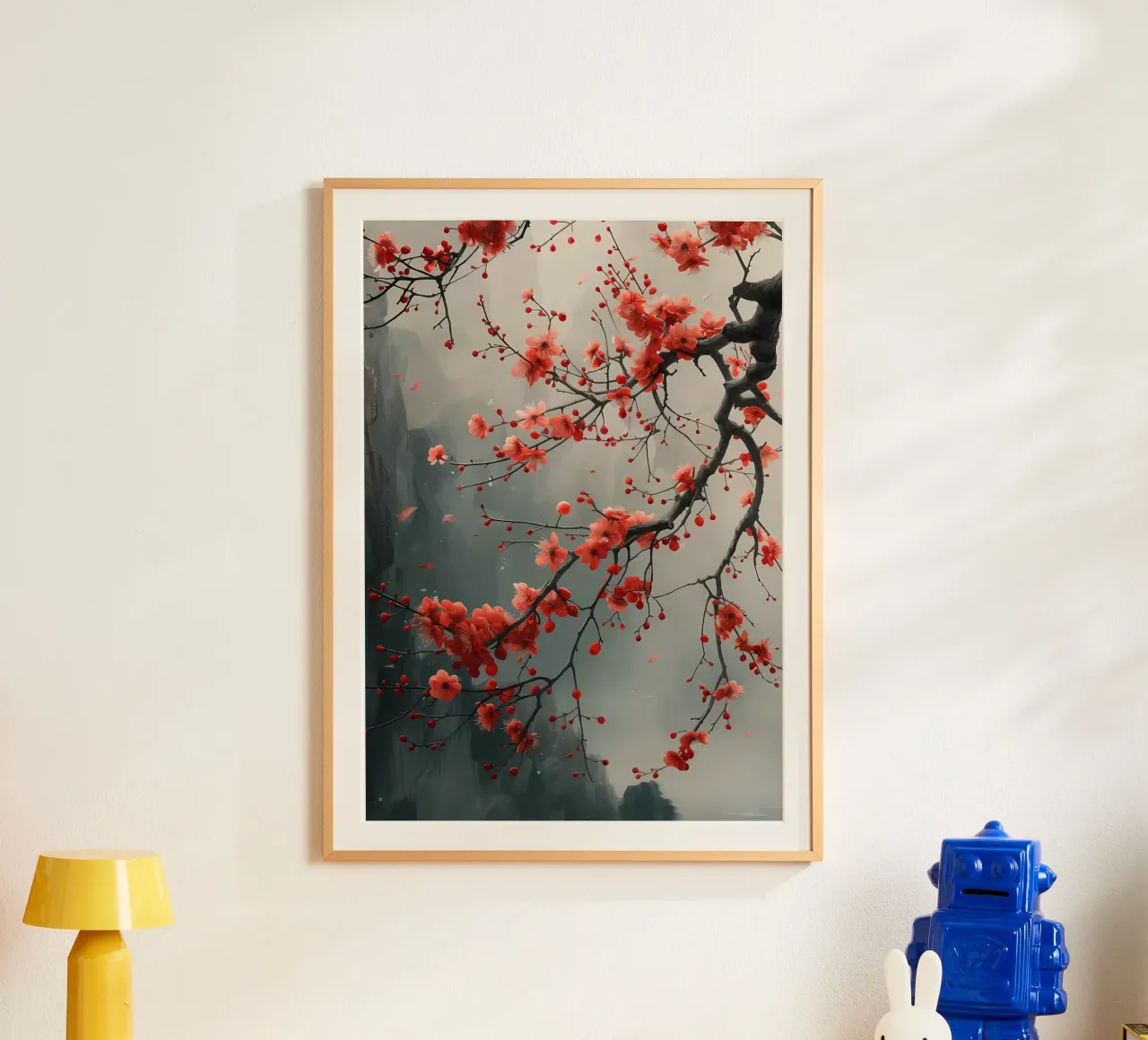 fiori di ciliegio albero ramo nebbia poster con telaio in alluminio da Janine P McGuire