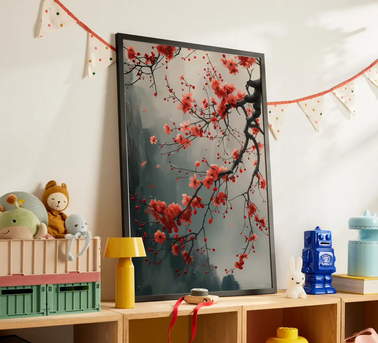fiori di ciliegio albero ramo nebbia poster con telaio in alluminio da Janine P McGuire