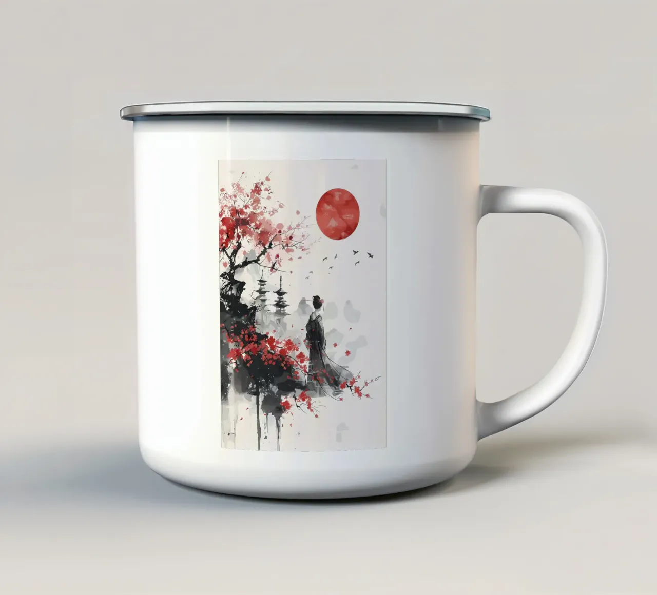 fiori di ciliegio tempio giapponese donna in kimono tazza in smalto da Janine P McGuire