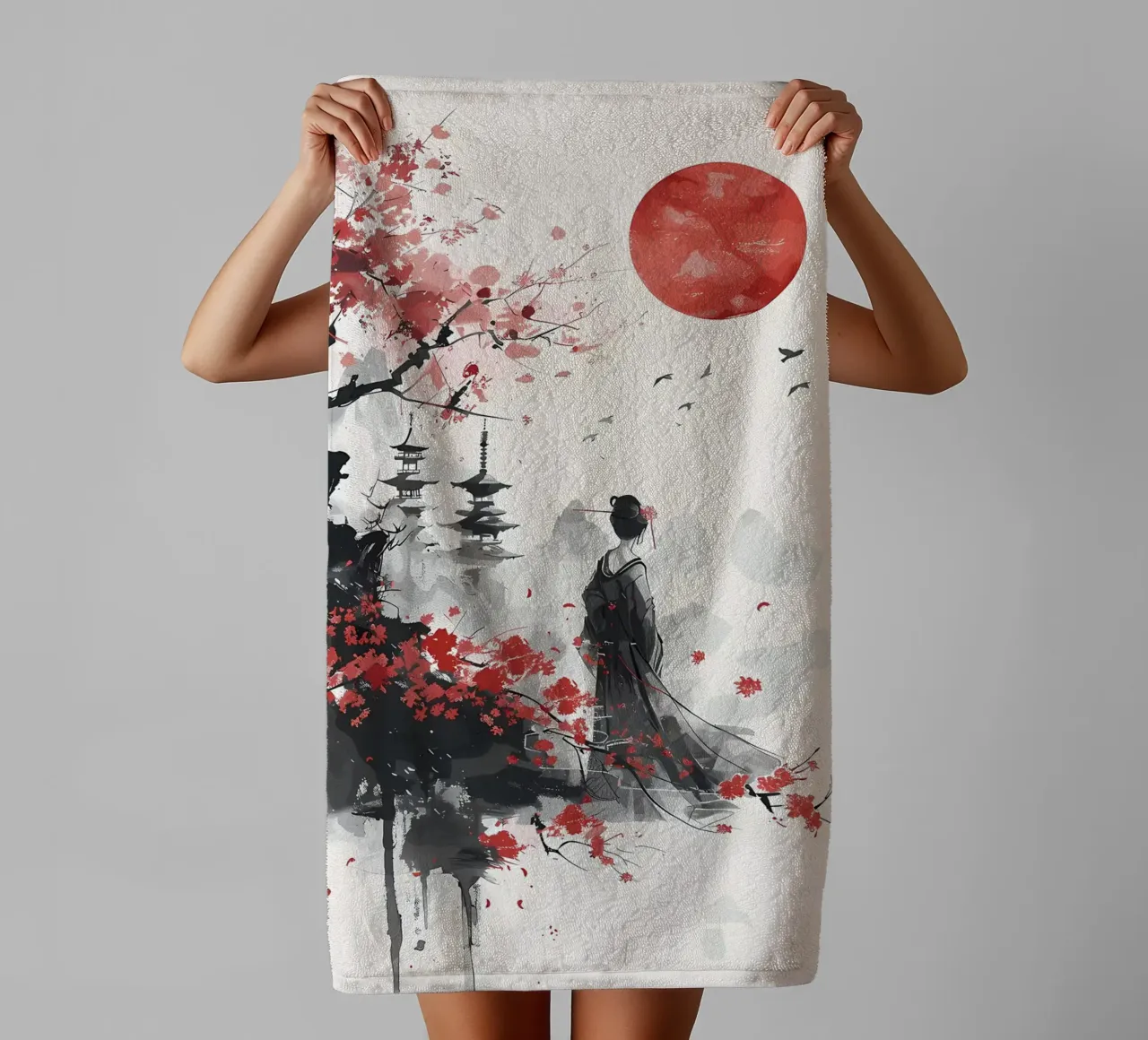 fiori di ciliegio tempio giapponese donna in kimono asciugamano da bagno da Janine P McGuire