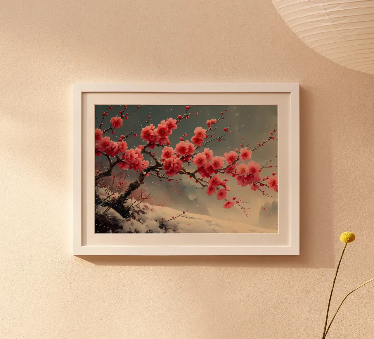 fiori di ciliegio rami di alberi di neve poster con telaio in plastica da Janine P McGuire