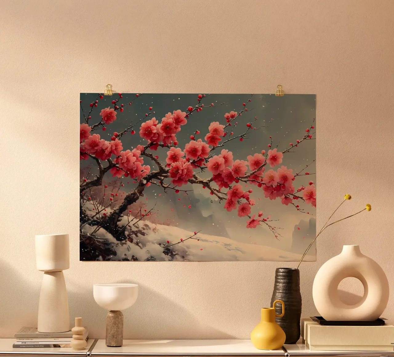 fiori di ciliegio rami di alberi di neve poster con telaio in plastica da Janine P McGuire