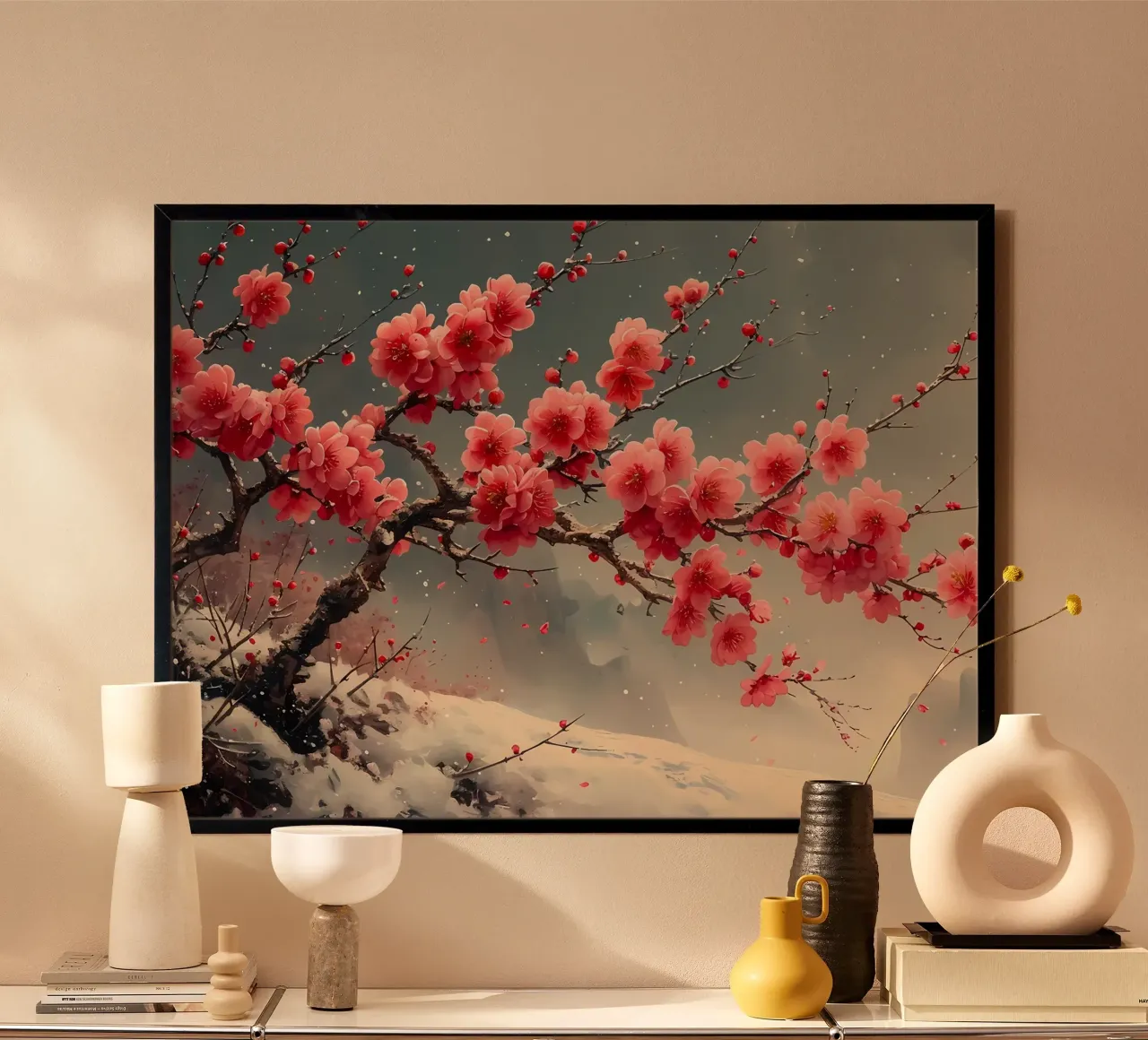 fiori di ciliegio rami di alberi di neve poster con telaio in plastica da Janine P McGuire