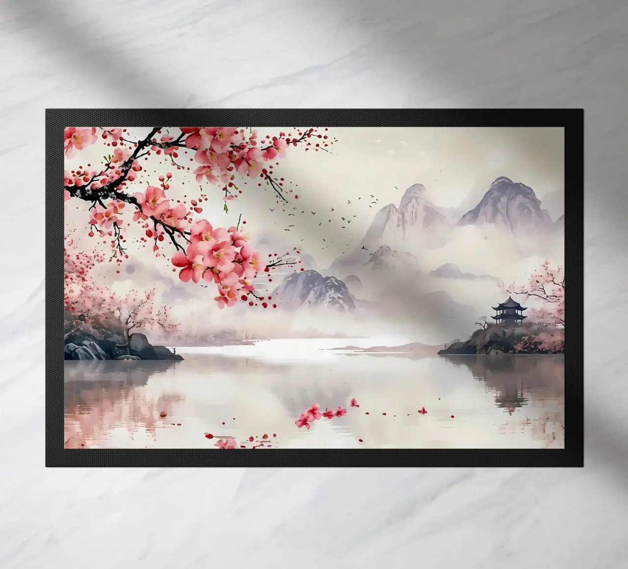 fiori di ciliegio montagne lago di nebbia zerbino da Janine P McGuire