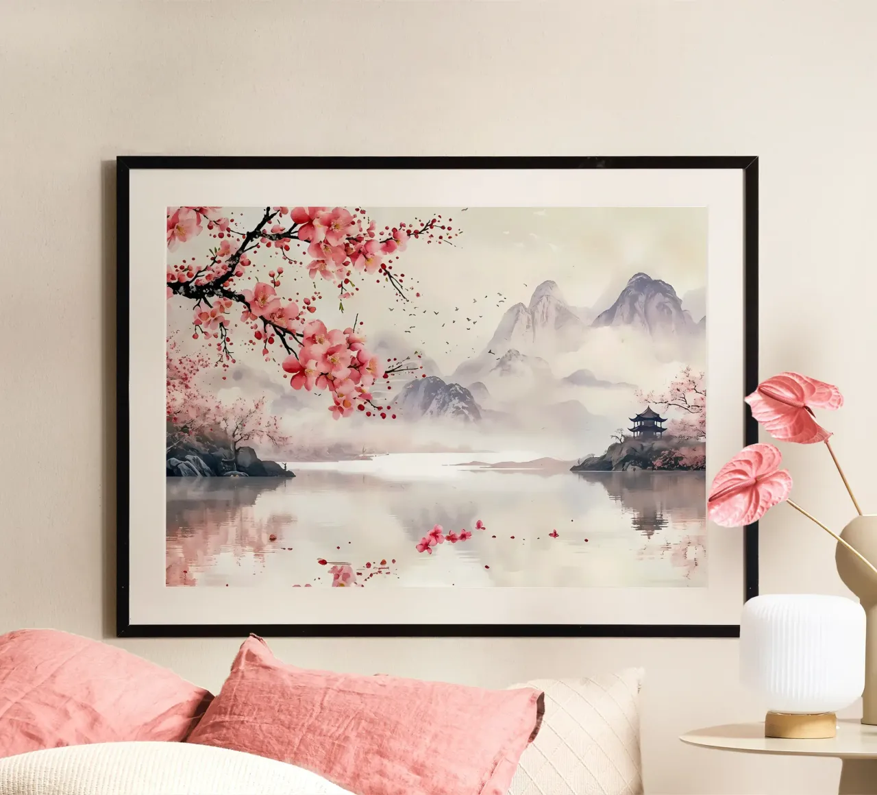 fiori di ciliegio montagne lago di nebbia carta hahnemühle da Janine P McGuire