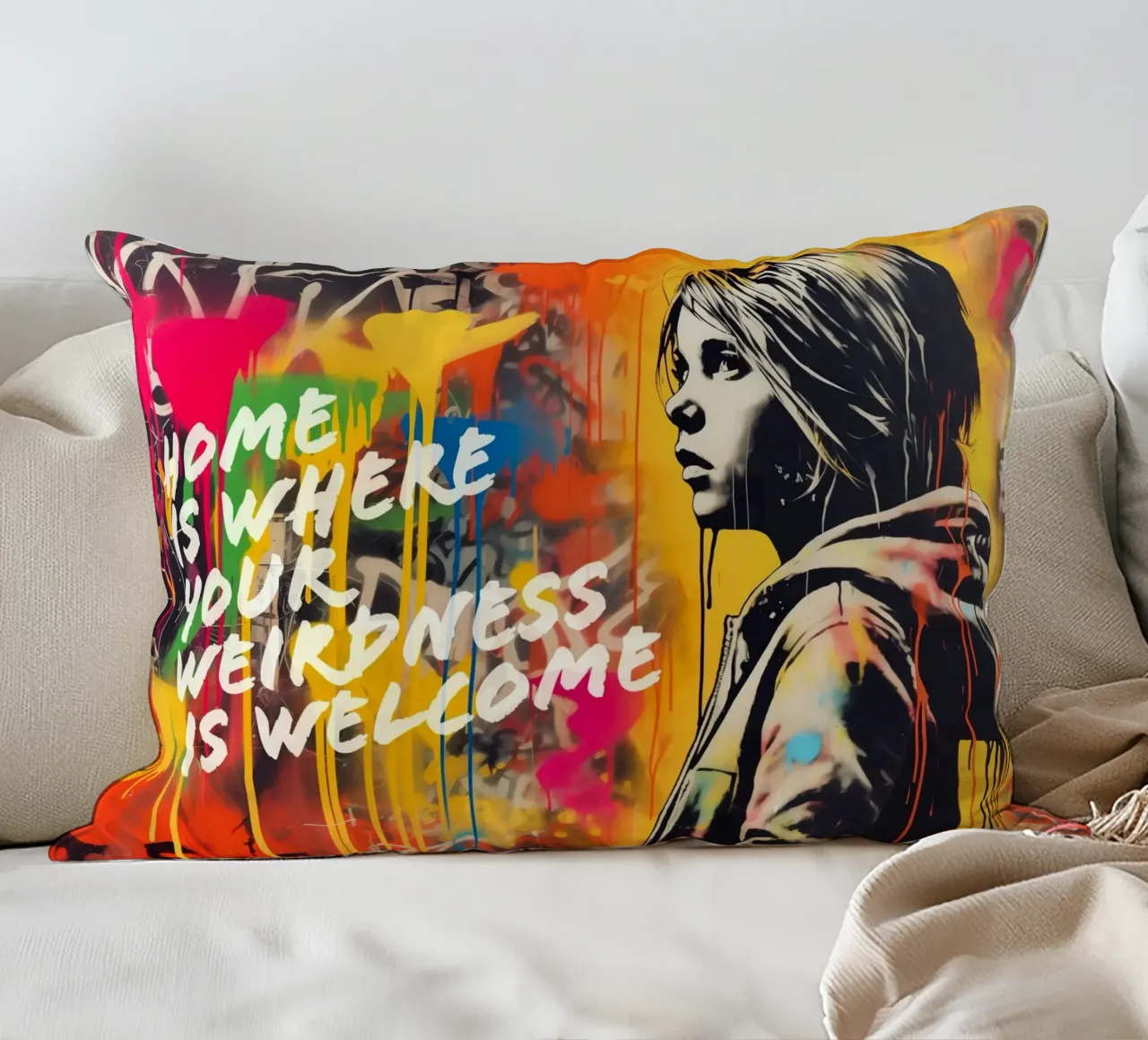 HOME IS WHERE YOUR WEIRDNESS IS WELCOME | Street Art decorative cushion by Autofocus