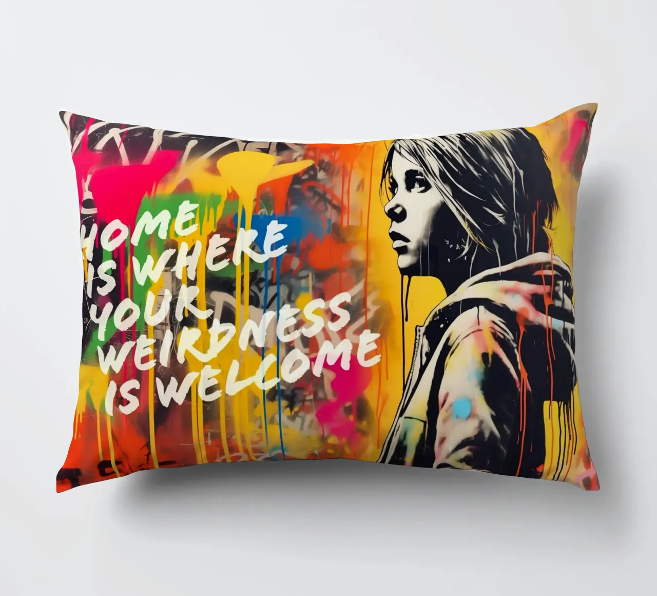 HOME IS WHERE YOUR WEIRDNESS IS WELCOME | Street Art decorative cushion by Autofocus