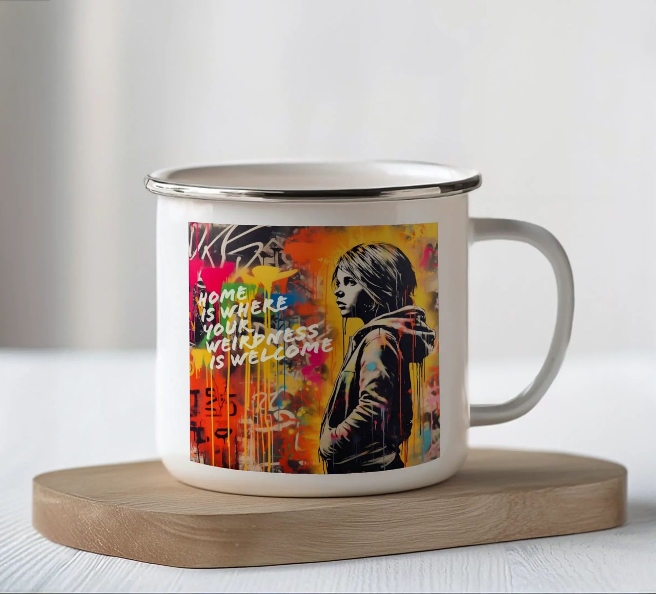 HOME IS WHERE YOUR WEIRDNESS IS WELCOME | Street Art tazza in smalto da Autofocus