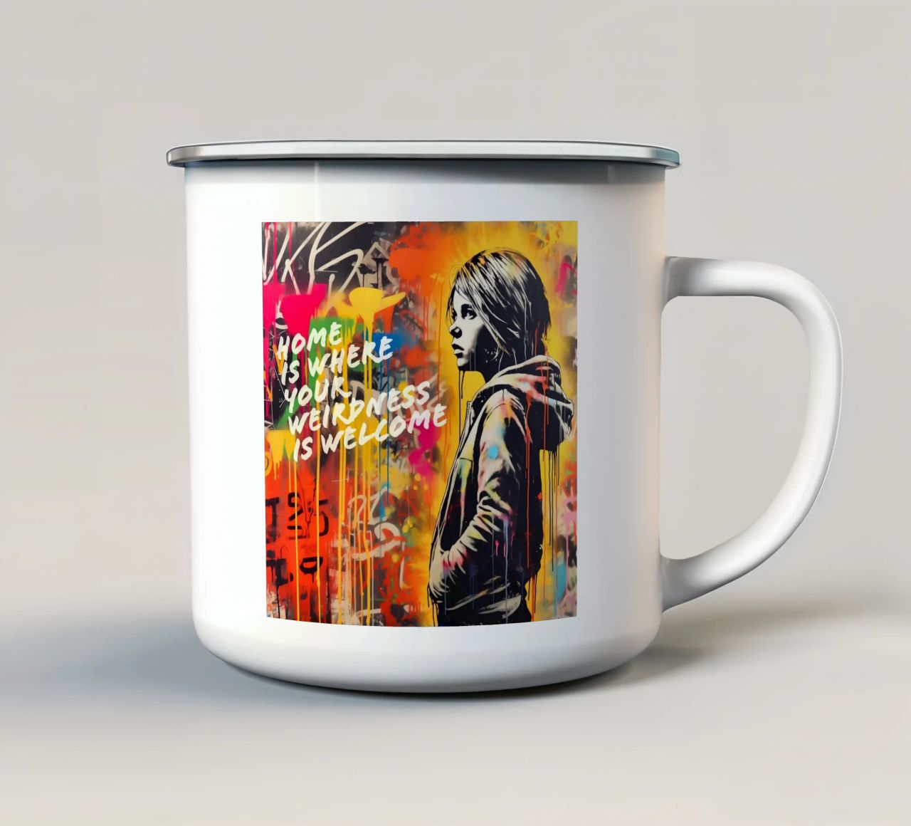HOME IS WHERE YOUR WEIRDNESS IS WELCOME | Street Art tazza in smalto da Autofocus