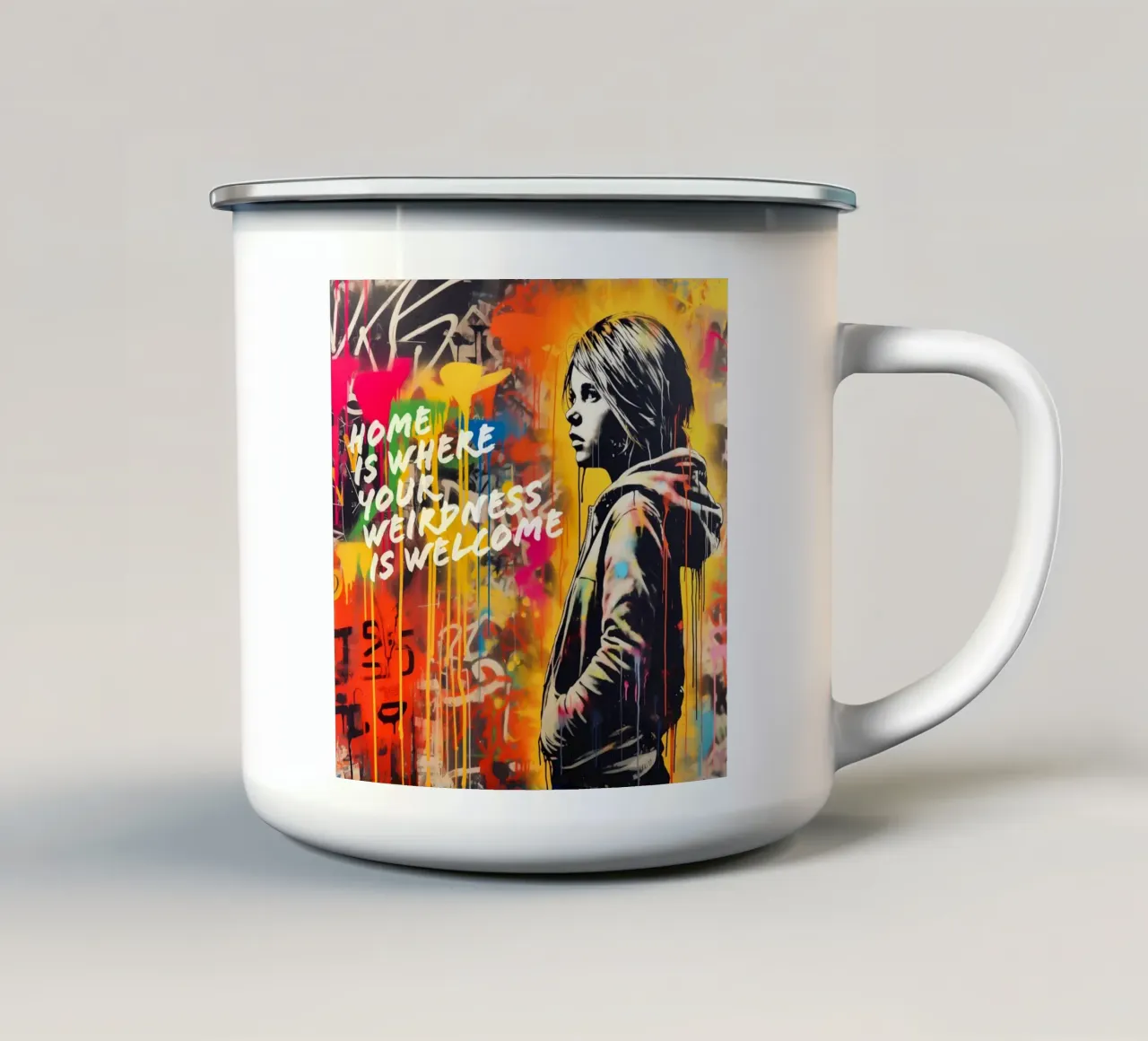 HOME IS WHERE YOUR WEIRDNESS IS WELCOME | Street Art tazza in smalto da Autofocus